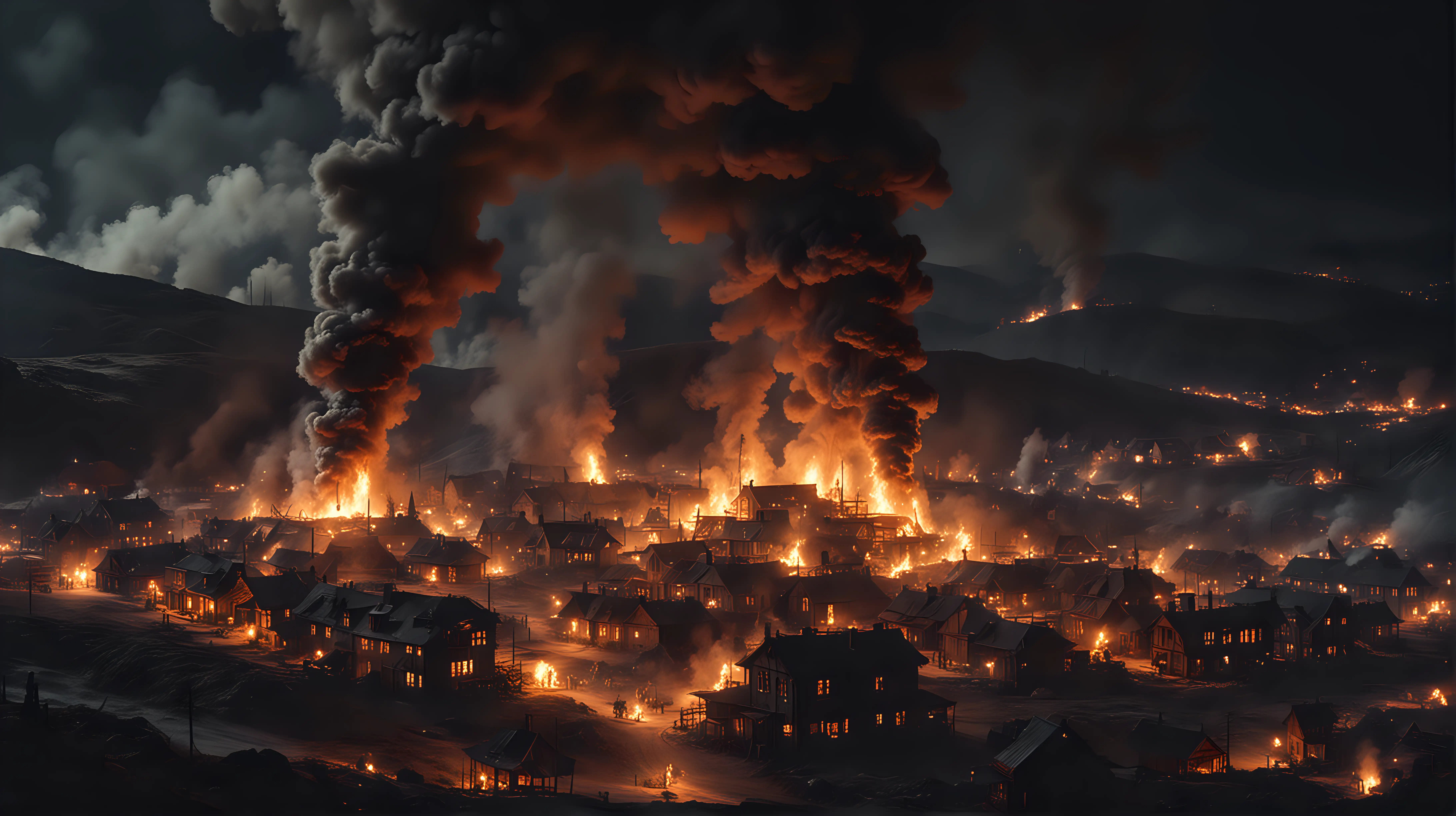 Large fire in a small steampunk village in the wilderness, flames, smoke, steam, dark night, distant view from a high mount