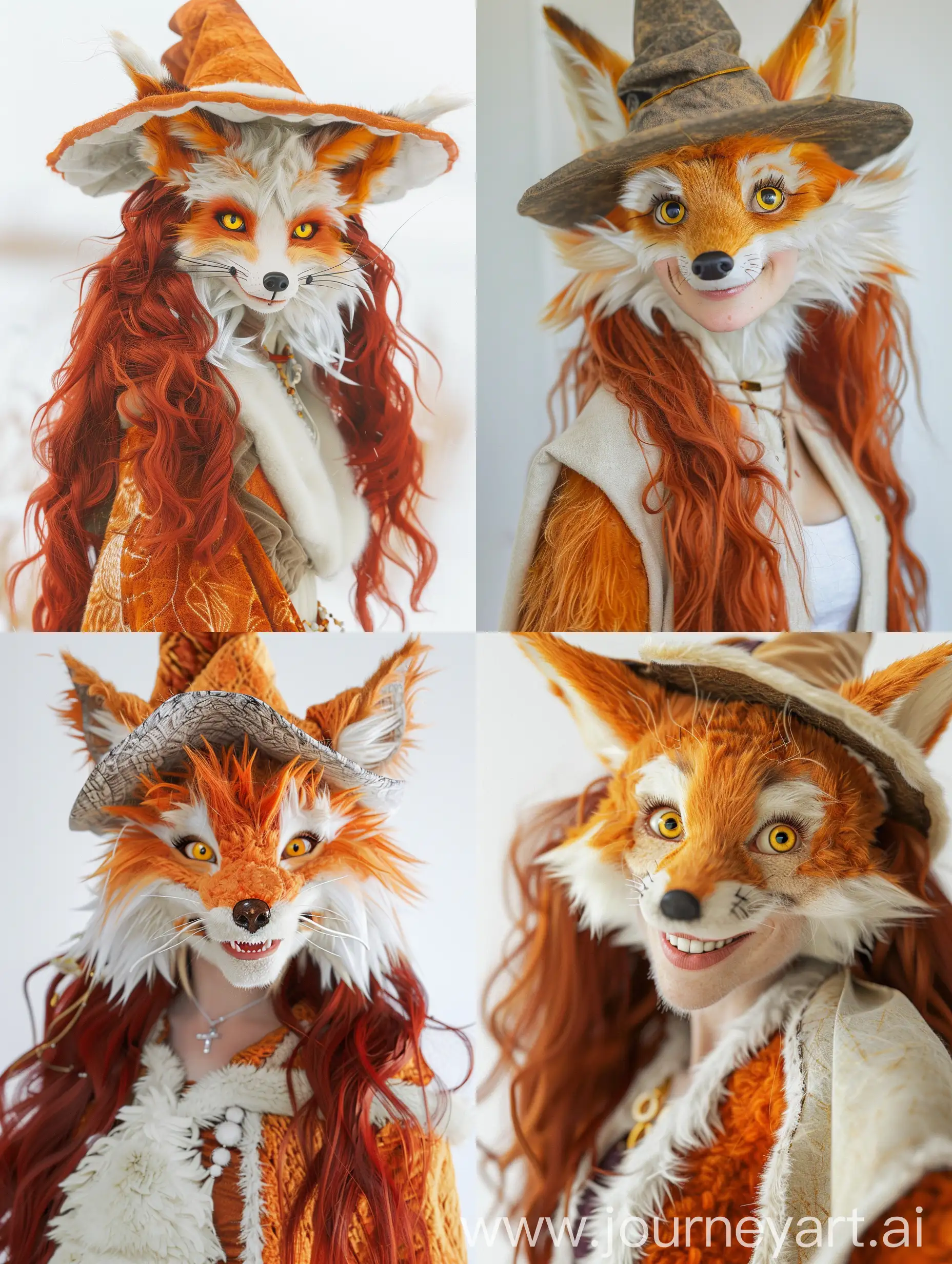 Middle Ages, village,fantasy,furry, magic, anime style, a woman on a white background
, a tall beautiful furry fox with a magician's mantle, a big magician's hat, a sly smile, yellow eyes, orange and white wool, long red wavy hair, adult, fluffy wool
Face up close, detailed, anime, cute