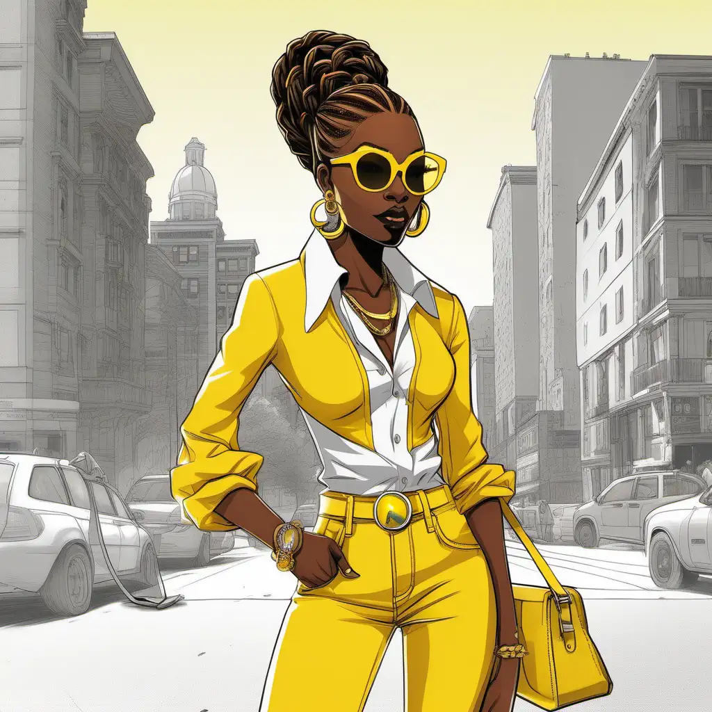 Chic DarkSkinned Woman in Yellow Sunglasses and Fashionable Outfit