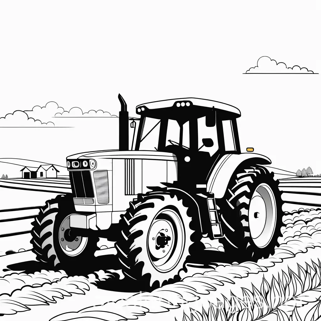 a tractor on a farm, Coloring Page, black and white, line art, white background, Simplicity, Ample White Space