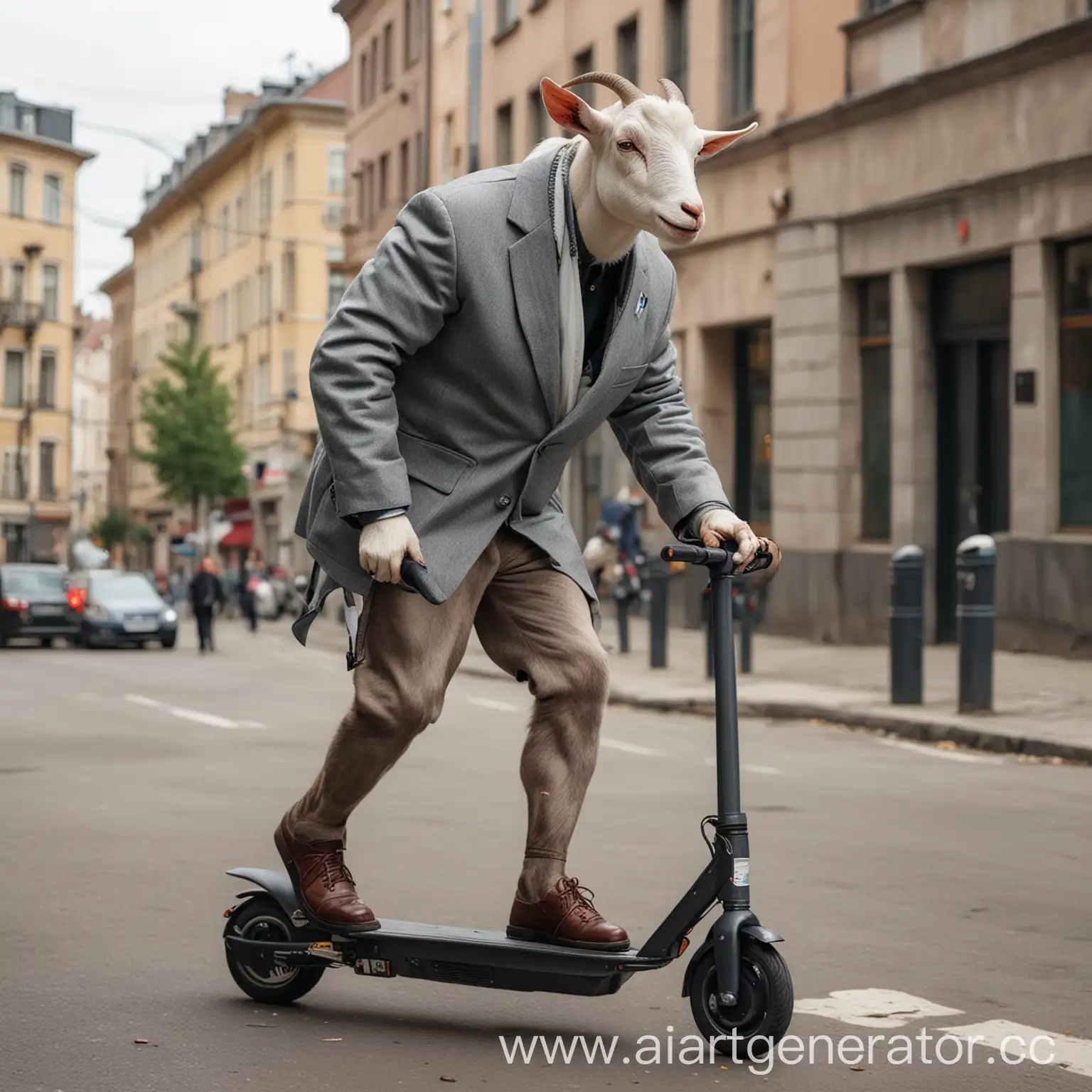 Bald-Goat-Riding-Electric-Scooter-with-Diplomat-in-Hand-Through-Urban-Streets