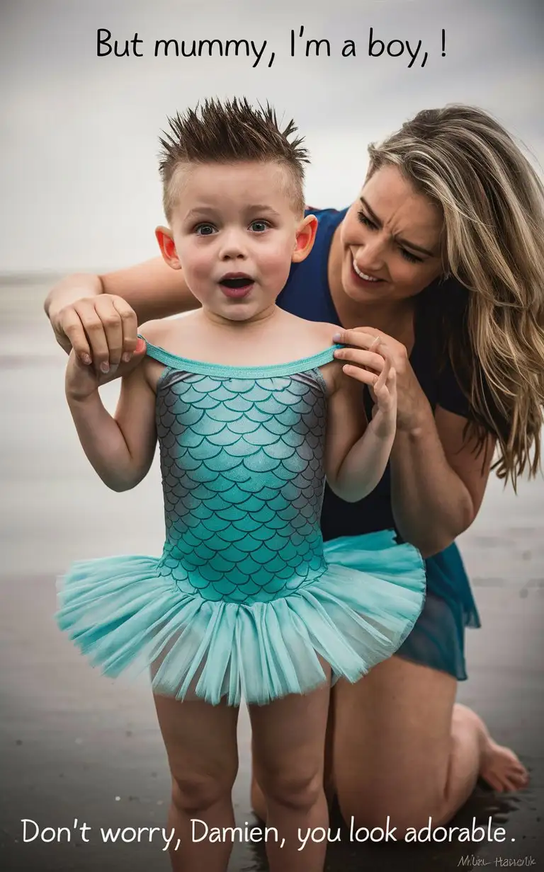 A Cute 8-year-old white British boy with cute short smart spiky hair shaved on the sides, the boy is playfully standing on the beach with his mother, the boy is letting his mother put a scaly teal mermaid ballerina leotard and frilly tutu dress on him, professional photography, the photograph is captioned above “But mummy, I’m a boy!”, the photograph is captioned below “Don’t worry Damien, you look adorable.”