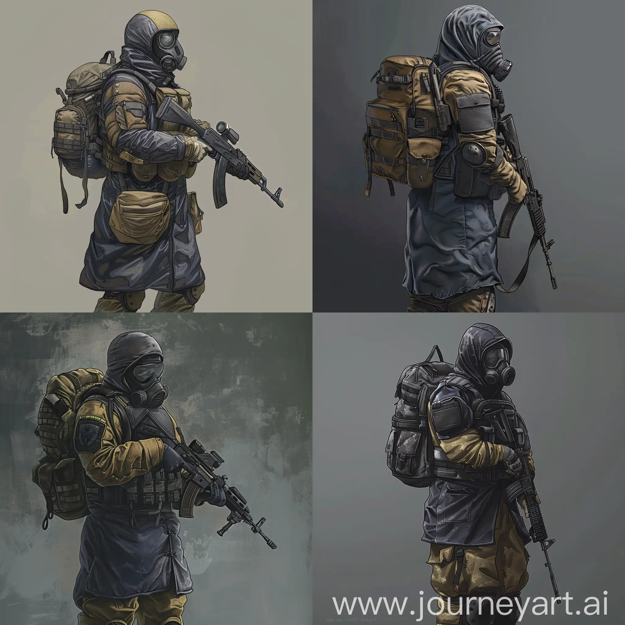 Digital design character, a mercenary from the universe of S.T.A.L.K.E.R., dressed in a dark blue military raincoat, gray military armor on his body, a gasmask on his face, a military backpack on his back, a rifle in his hands.