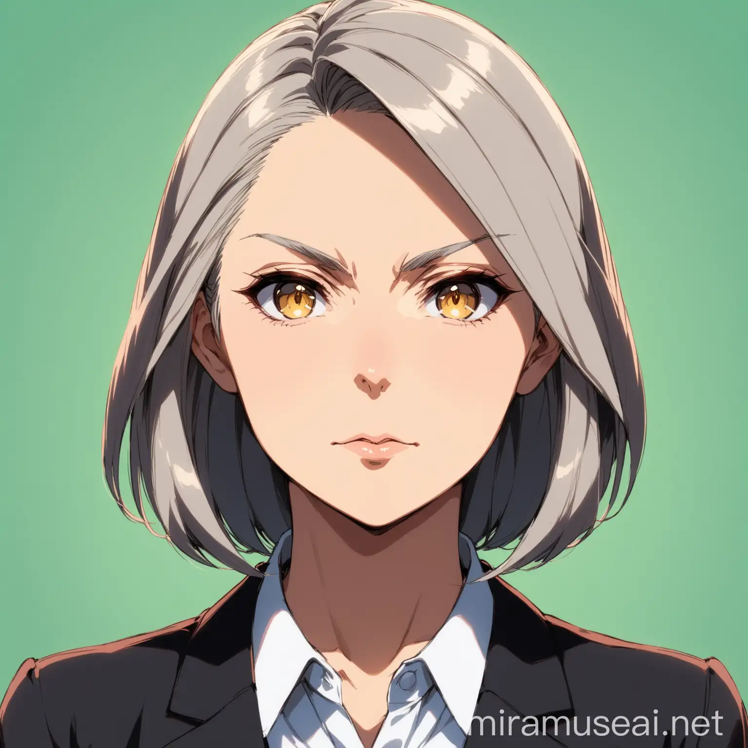 portrait, detailed face, mature woman, strict, teacher, looking directly at the camera, frontal, frontal position, anime style, 