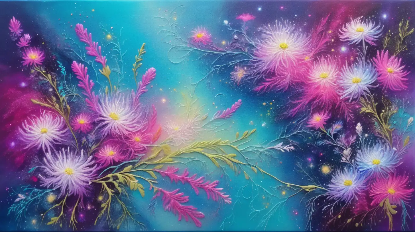 textured oil painting of abstract art of florescent colors of turquoise-neon and pinks and silver and golden-whites in pink dust and a magical magenta florals glowing with luminescent  green vines among blue and purple galaxies and small-pink-aster with bright turquoise