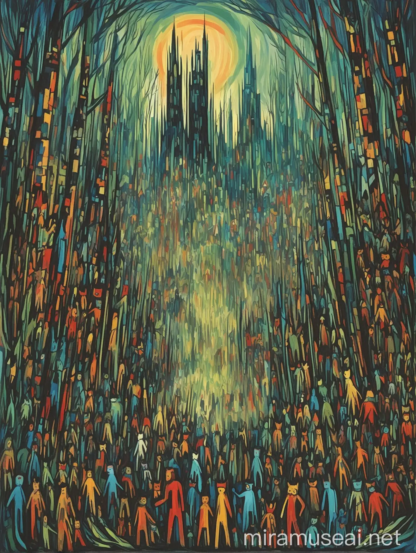 An expressionistic image of the forest and wild people and the towers that occupy the forest