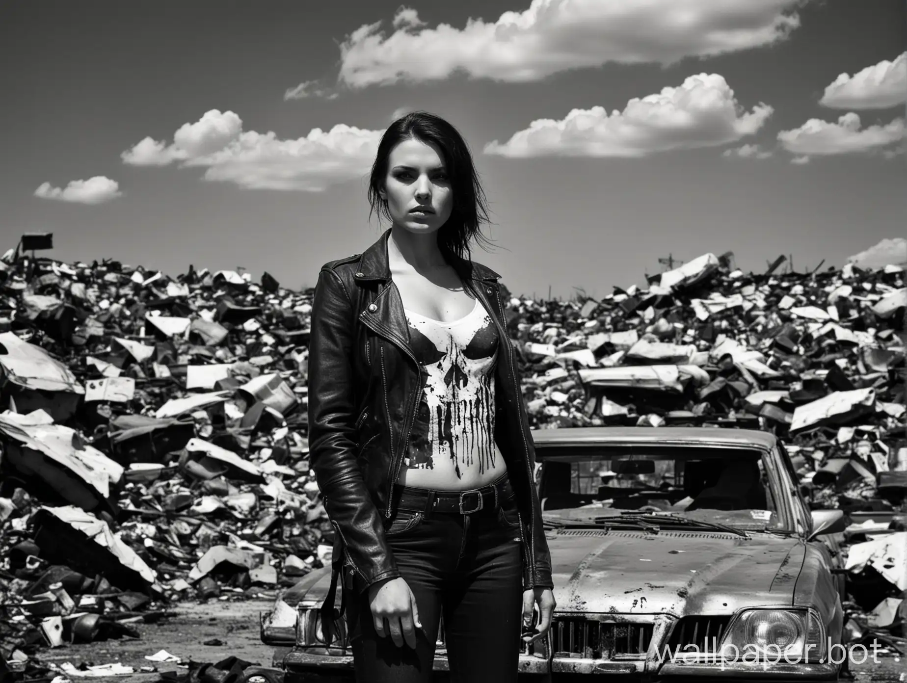 Gritty-Black-and-White-Portrait-of-The-Punisher-Woman-in-a-Car-Dump