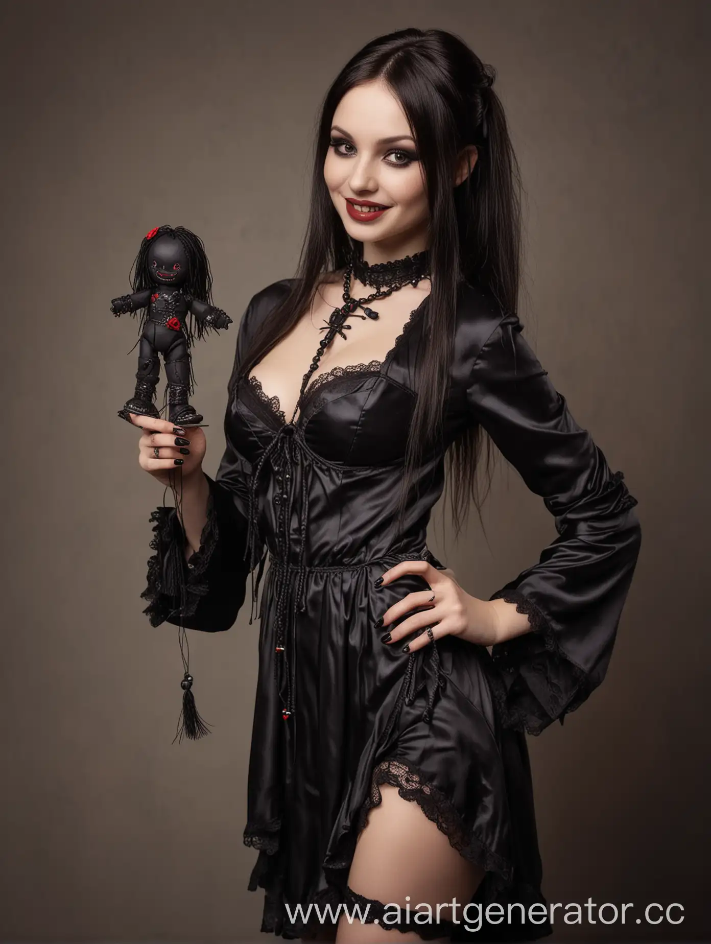 Beautiful gothic girl with toy voodoo doll, silky lingerie, black robe, high heels, mystery smile , side view