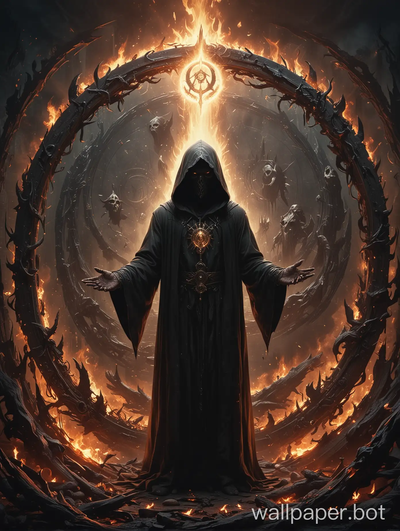 Image of a man in a torn hooded cloak standing in front of a circular object, arms held up, creatures in the background, occultist, dark metal music art, cultist, sacred flame magic, abstract occult epic composition, diablo digital concept art, album art, god of death, detailed cover artwork, king of time, the allfather, dark soul concept