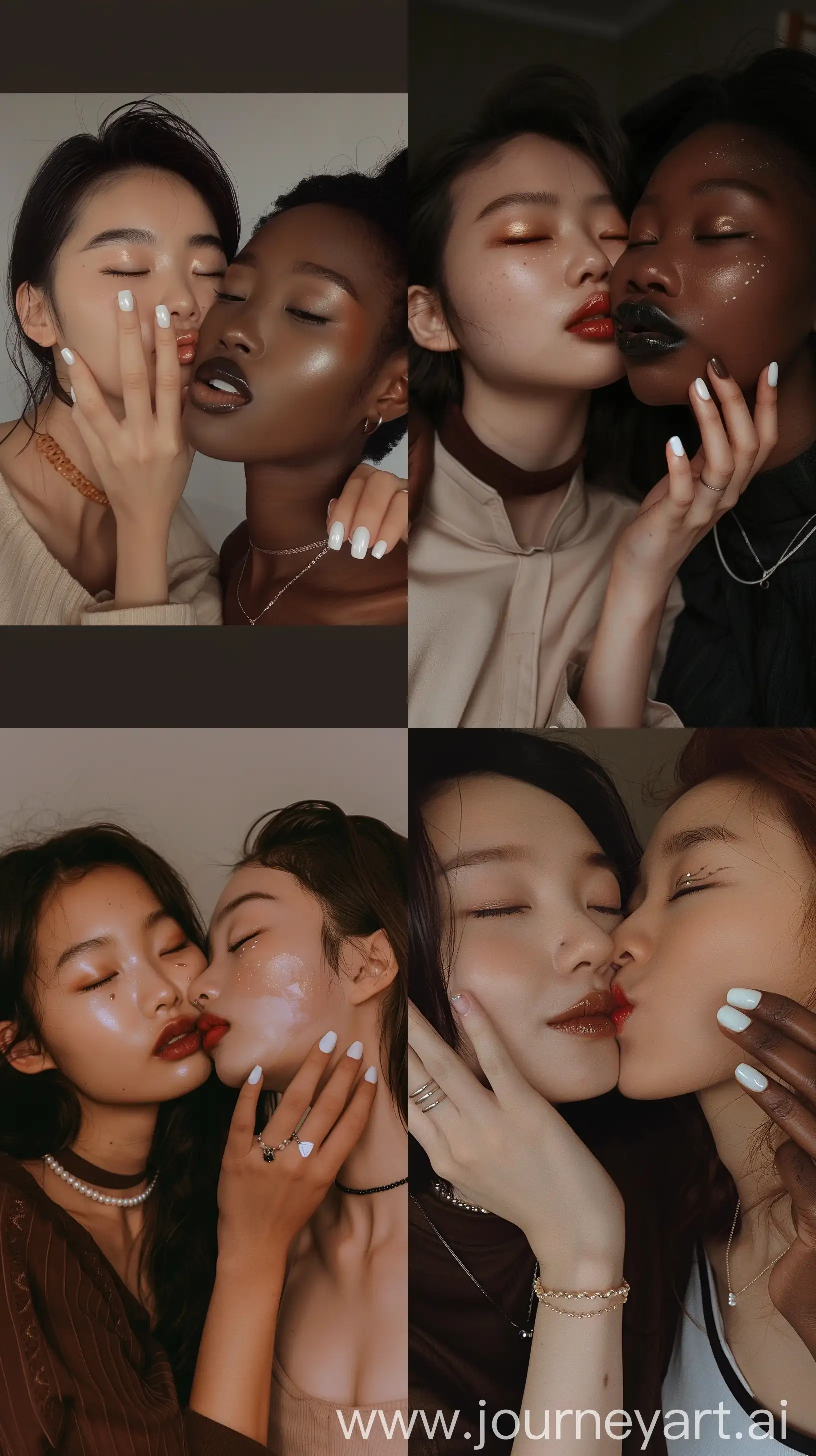 A good looking teenage girl couple, two girls, one Korean girl, one black girl, kissing cheek, 18, selfie, wearing simple clothes, dark warm tones, brown aesthetic make up, cute, wearing stylish necklac, one hand on the others face, white gel nail polish --ar 9:16