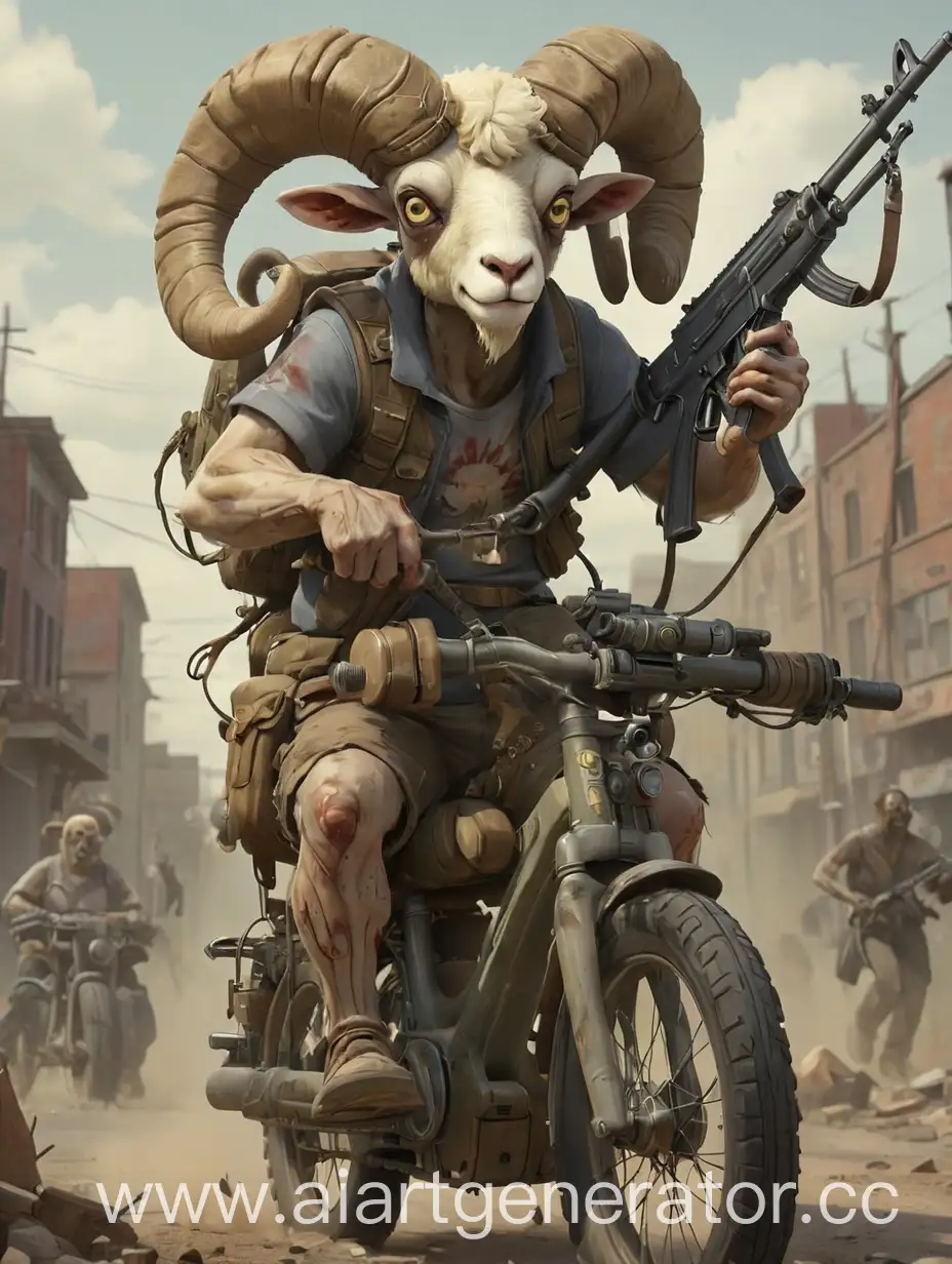 Draw a ram riding a bicycle with an AK-47 machine gun during the zombie apocalypse\
