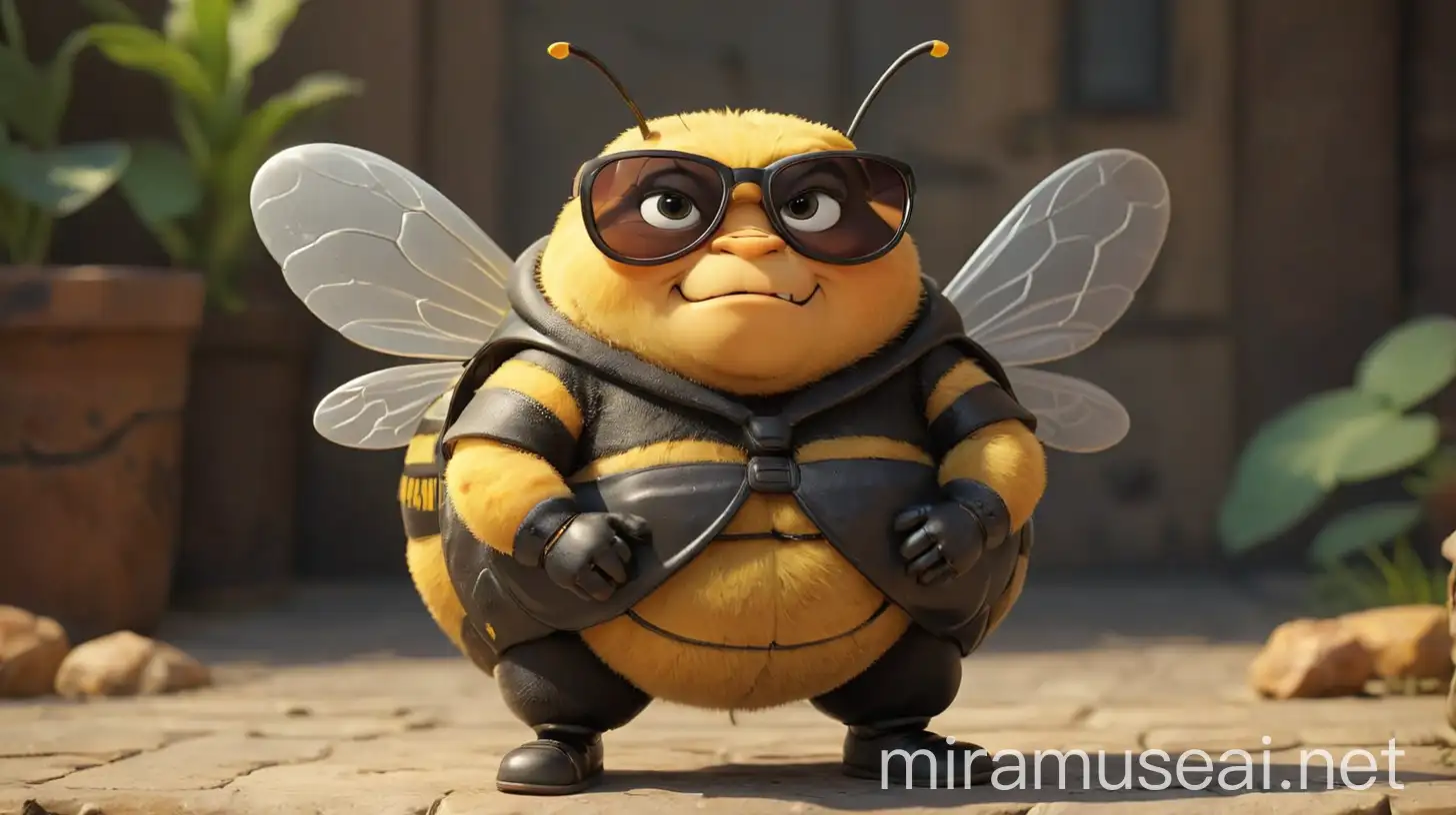 крутая жирная пчелка в в солнцезащитных очках стоит одна с умным видом говорит что-то важное 