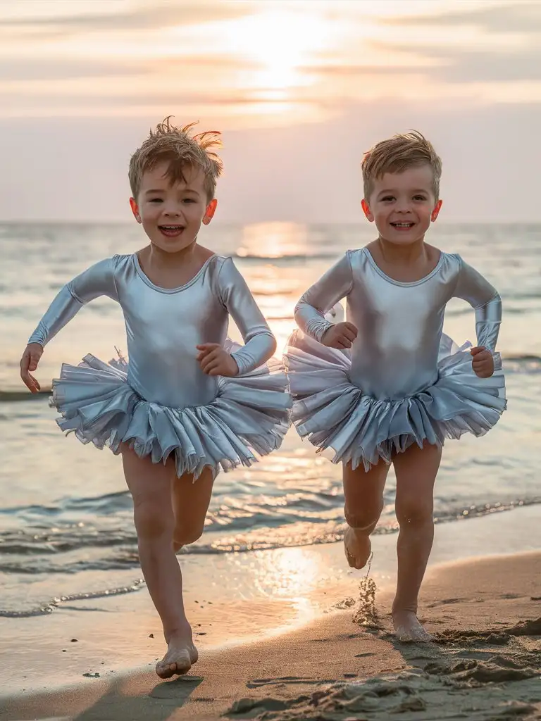(((Gender role reversal))), digital photograph of two short-haired 8-year-old boys running gaily along a beach shoreline in shiny silver ballet leotards with long sleeves and wide frilly silver tutus, energetic