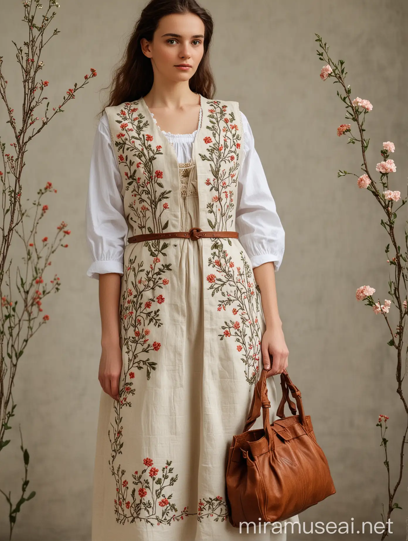 Womans Handmade Linen Dress and Vest Embroidered with Floral Motifs