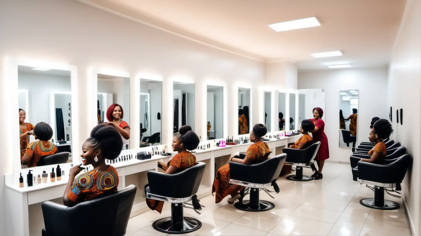 Large beauty salon with Many rows of happy African women getting their hair done in a large busy hair salon, white walls and good lighting
