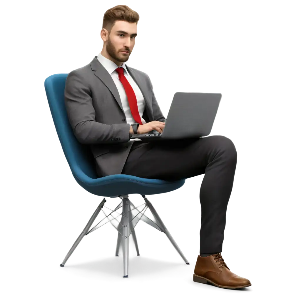 render man sits in a chair with laptop