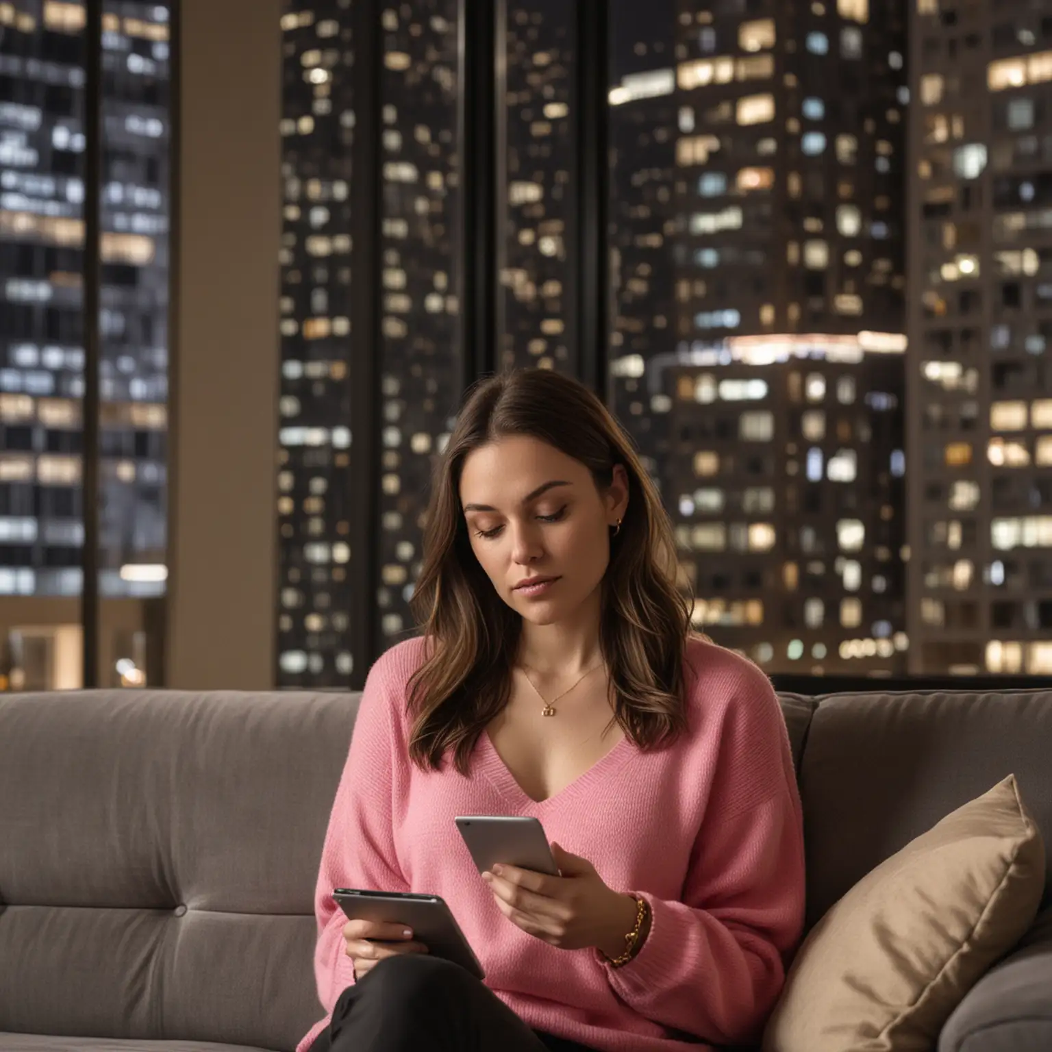 Dark modern apartment at night, 30 year old pale white woman, long dark brown hair parted to the right, pink sweater and a gold necklace, reading an unbranded tablet on gray couch, face illuminated by tabler, urban high rise background