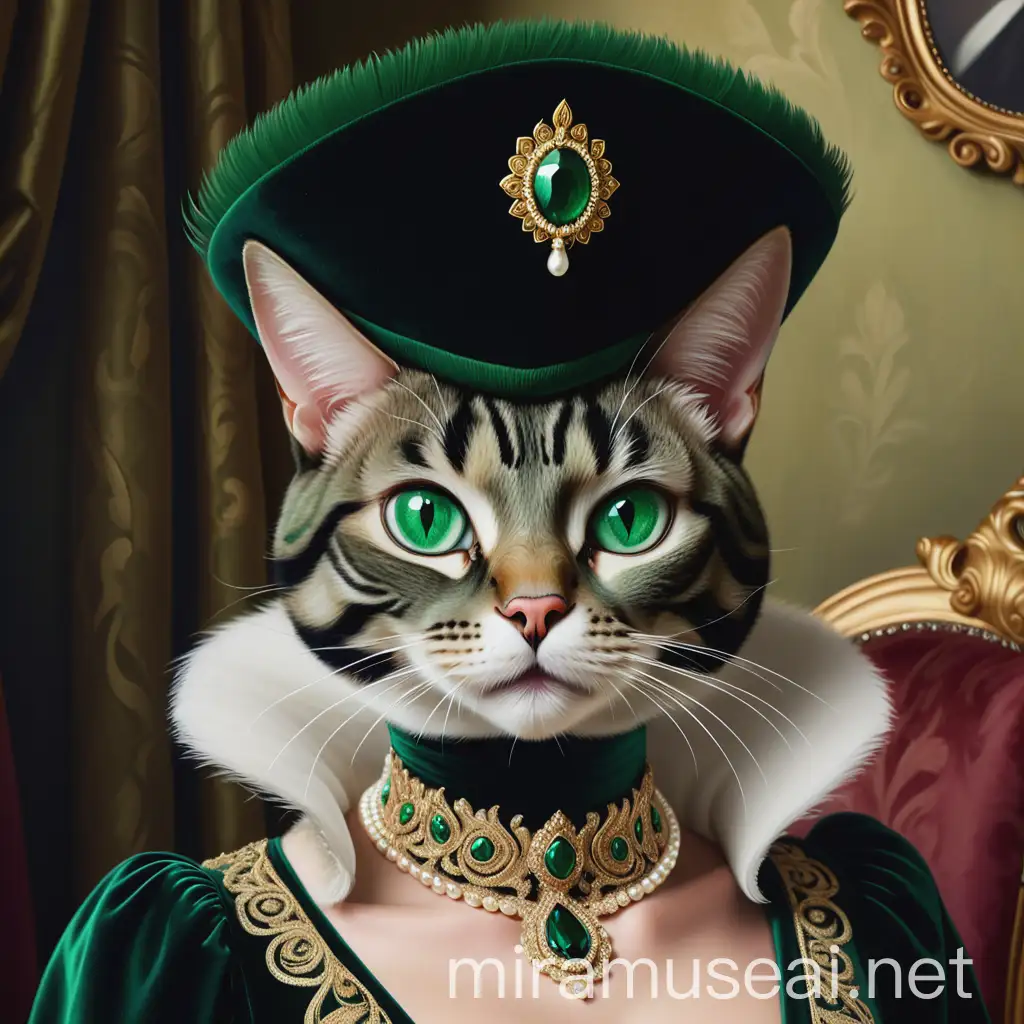 Sophisticated SheCat in Emerald Green Velvet Gown with Pearl Necklace