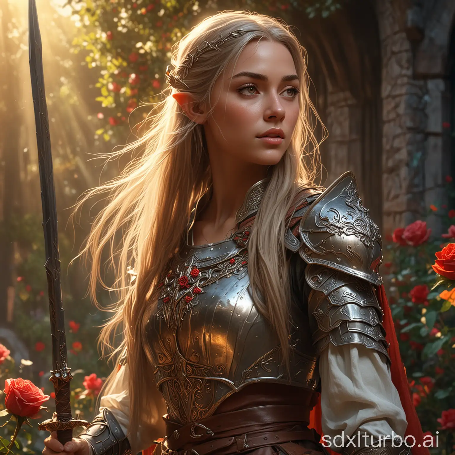 Fantasy painting of elven knight, long hair, pretty face, hot summer, sunrise, sunbeams, roses, mail skirt, twohanded sword, Tolkien setting, Middle Earth, cinematic, colorful background, concept art, dramatic lighting, high detail, highly detailed, hyper realistic, intricate, intricate sharp details, octane render, smooth, studio lighting, trending on artstation