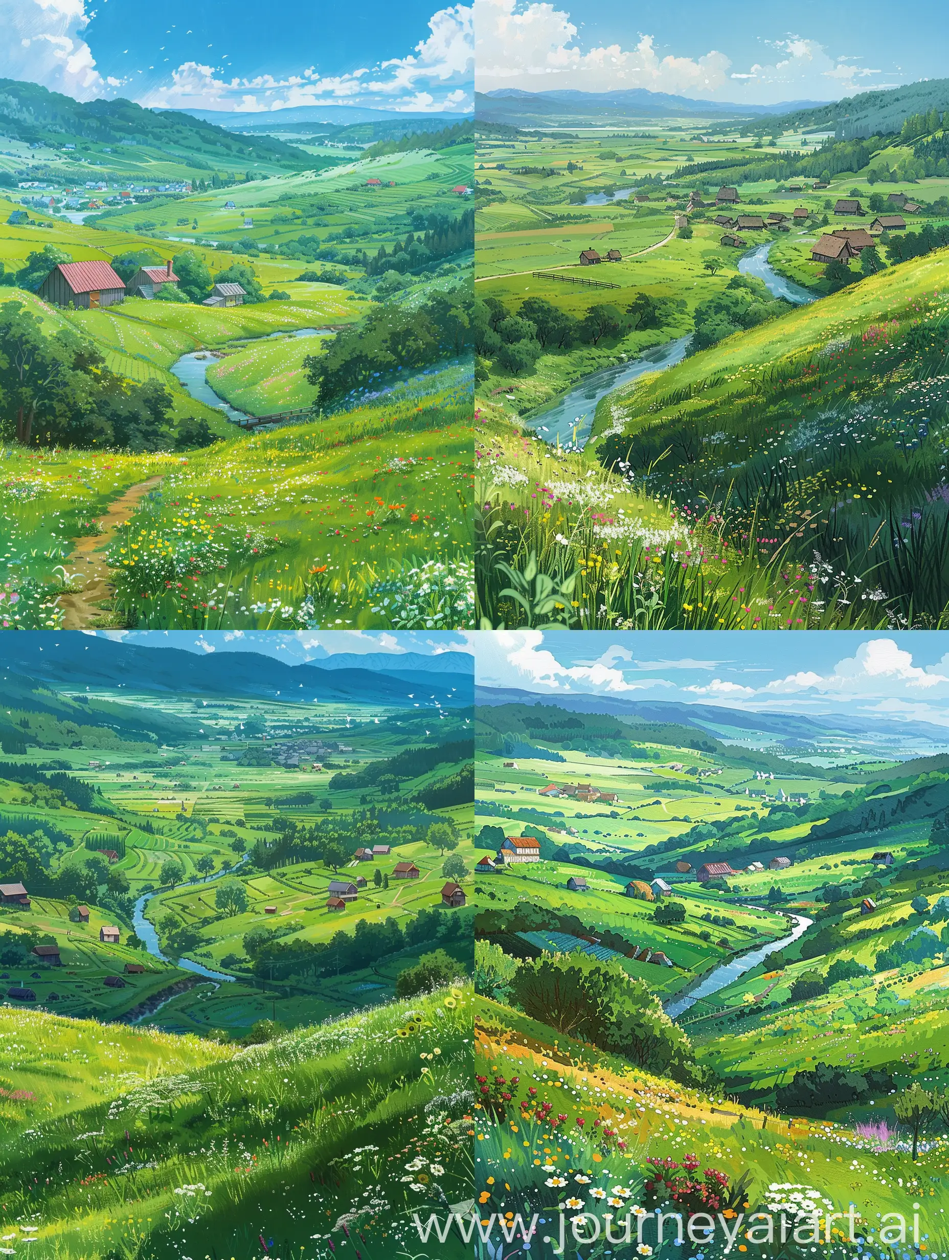 Ghibli anime, Makoto Shinkai style of Rolling hills and green fields stretch out as far as the eye can see, with farmhouses and barns dotting the landscape. A meandering river winds through the fields, and wildflowers bloom in the meadows. In the distance, a small town can be seen nestled in the valley.