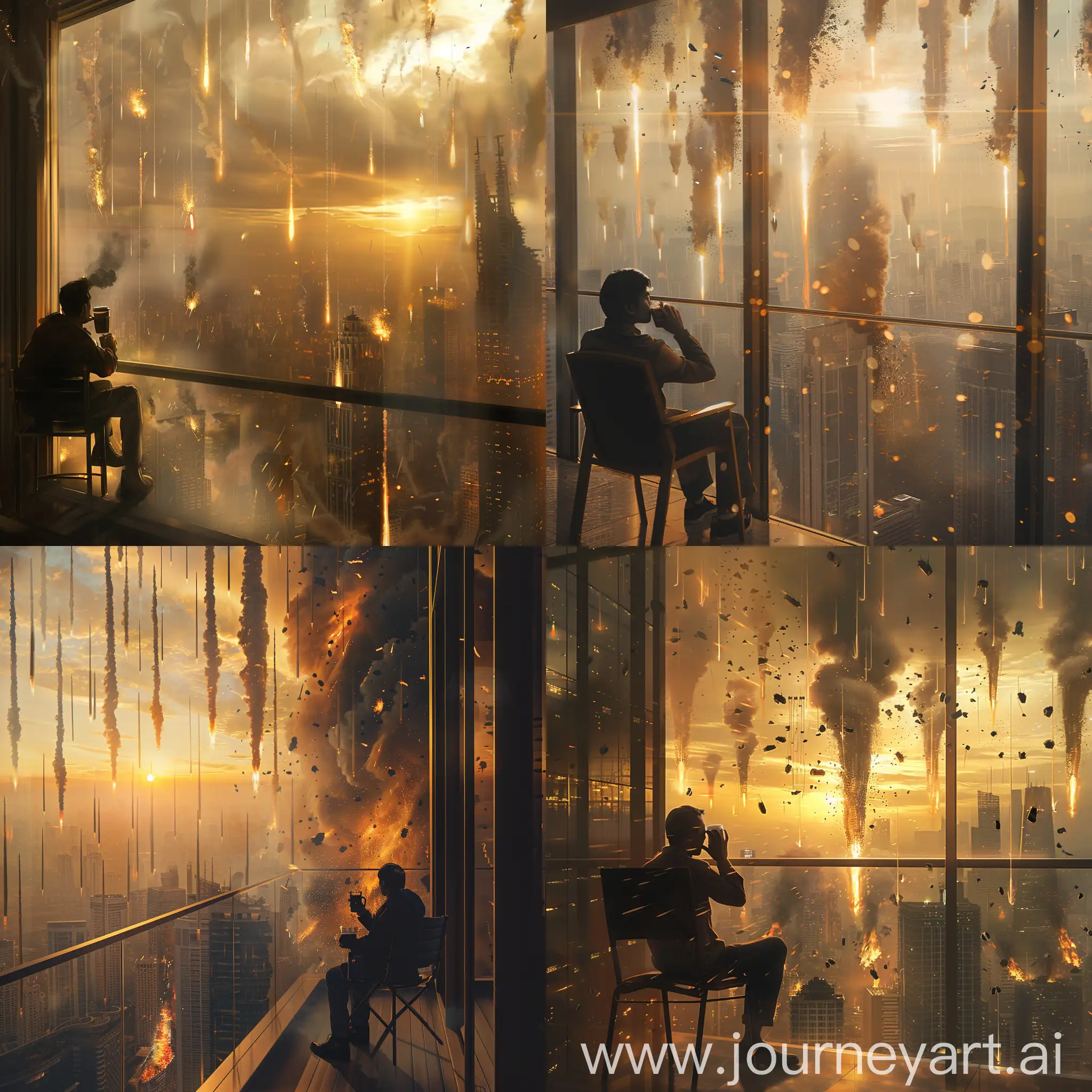 A man sitting on a chair and drinking coffee on the balcony sees the city as it rains rockets and all the buildings are exploding and it is full of dust And the sun is setting and the man is looking from the skyscraper and dreamy