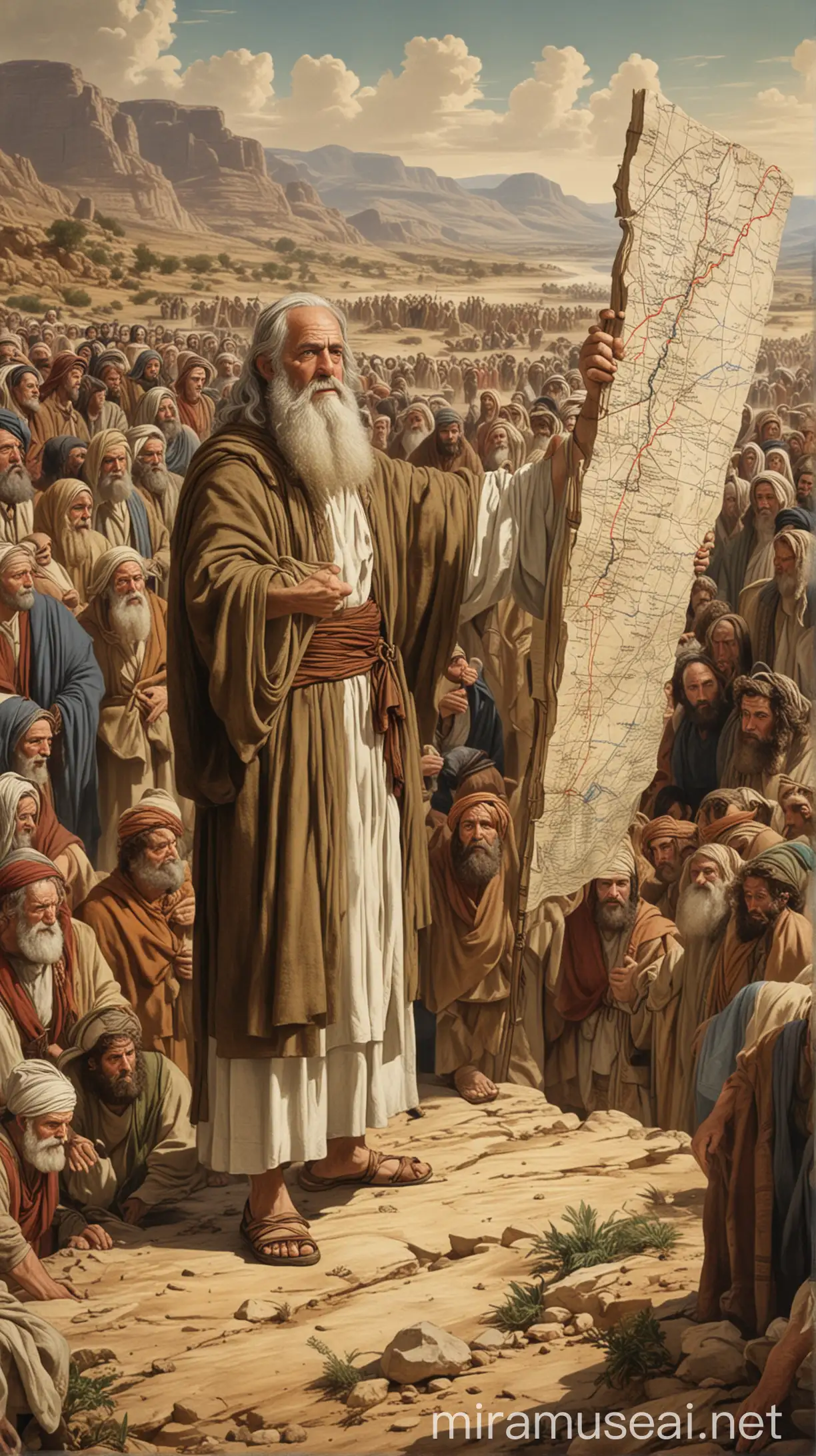 Moses Addressing Israelites with Canaan Map and Twelve Spies