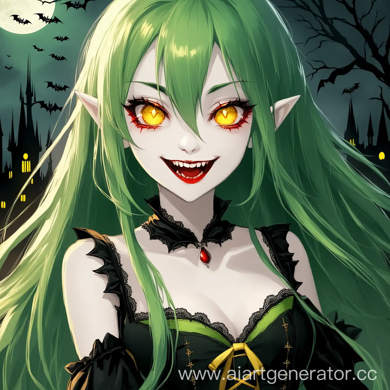 Smiling-Vampire-Girl-with-Long-Green-Hair-and-Yellow-Eyes