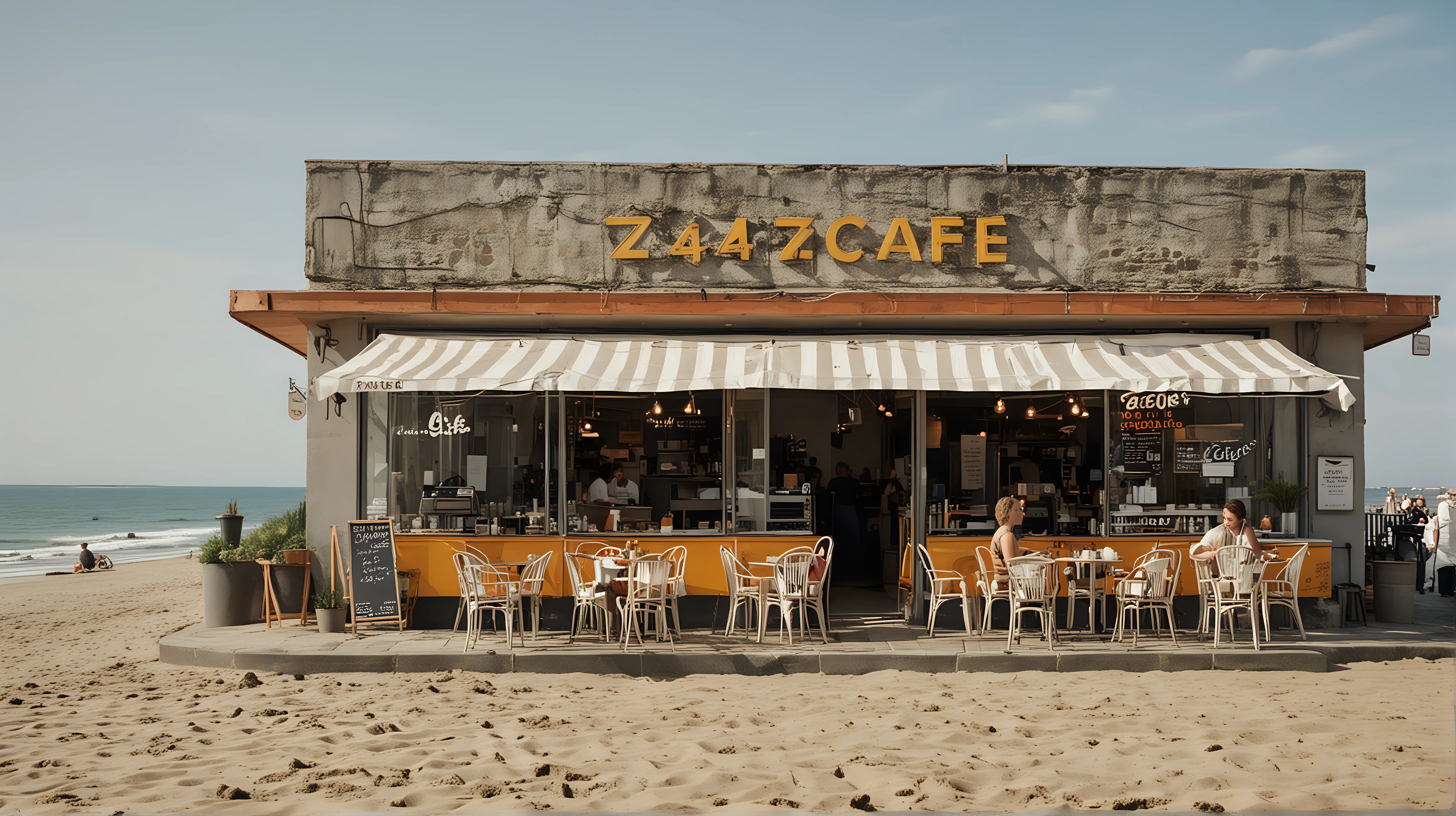 A small modern looking European cafe on it's own on a beach, exterior view, "Z-4 Cafe" written on the banner, small group of people and a barista are by the cafe
