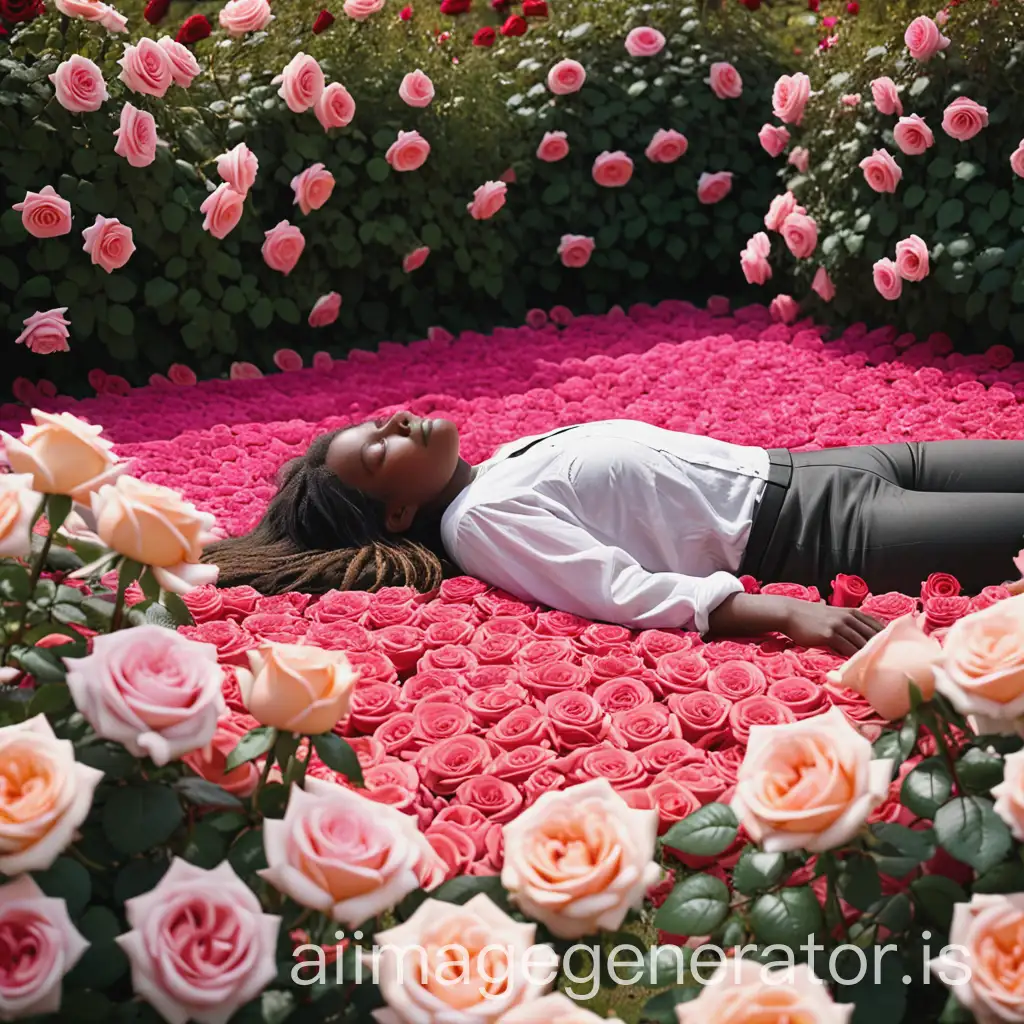 A person lies in a rose garden, surrounded by flowers.