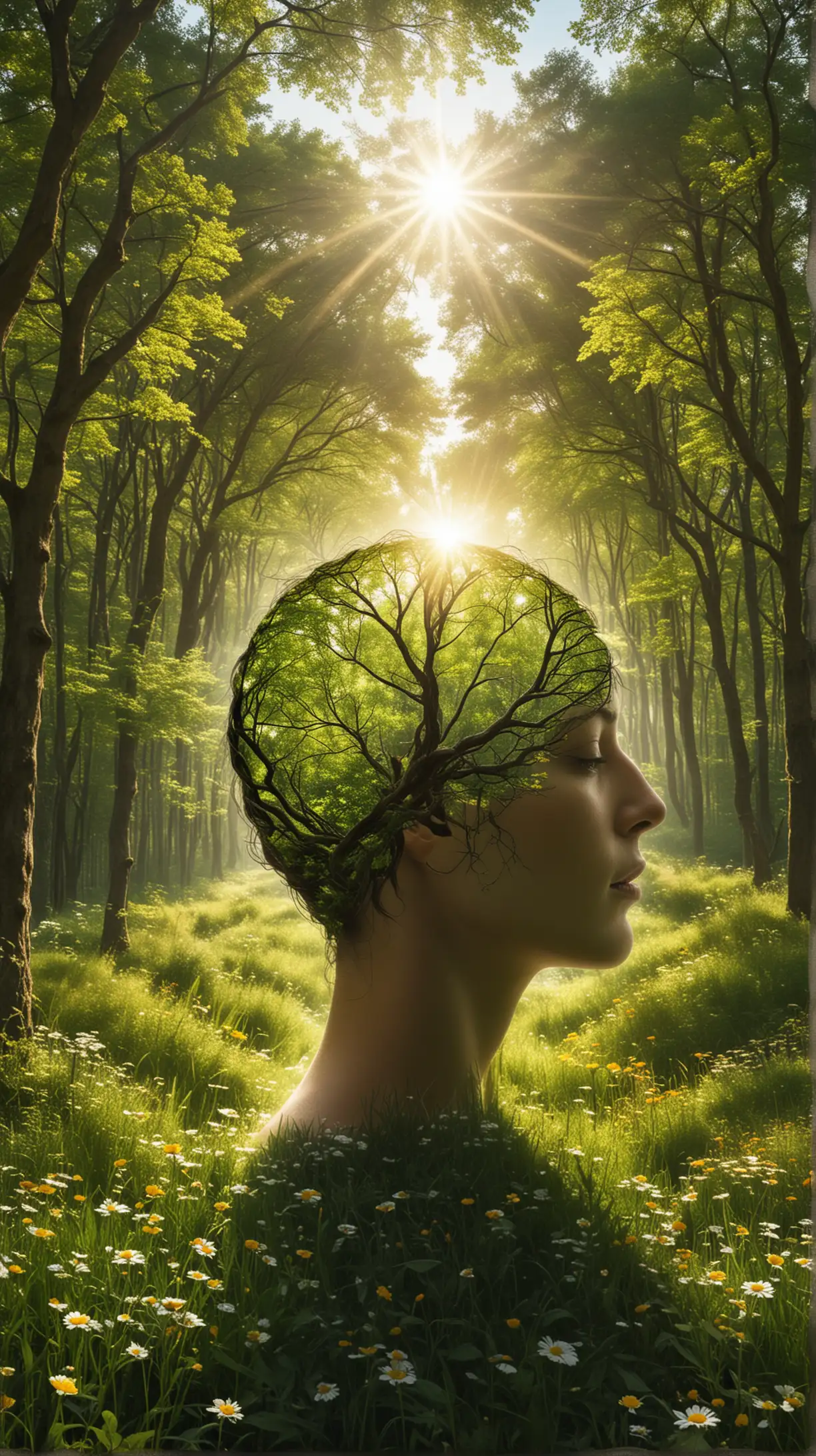 VISUALIZE THE CONCEPT OF AN ARMONIZED MIND IS THE PATH TO CLARITY, IN A CLEAR LANDSCAPE WITH NATURE AND SUNLIGHT 

