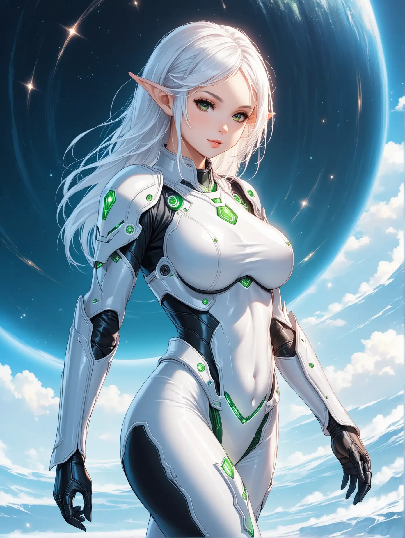 Sci-fi elf, white hair, perfect body, latex armor