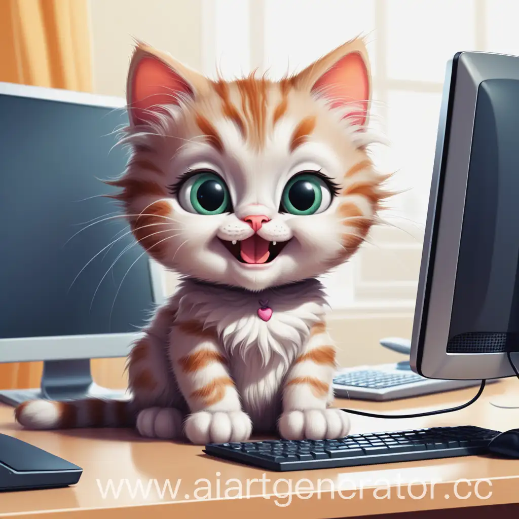 Смешной и милый котик сидит за компьютером. Картинка мультяшная