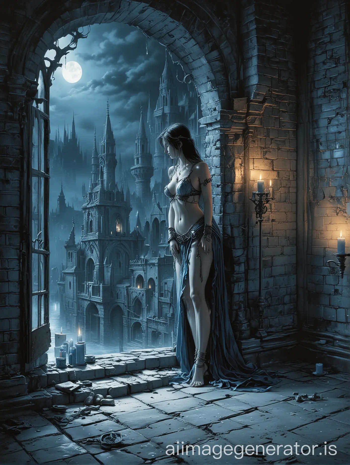 luis royo art style only background, ancient bluetones cityscape in the window, brickwall room, blue midnight backlight, candles on the floor, brickfloor