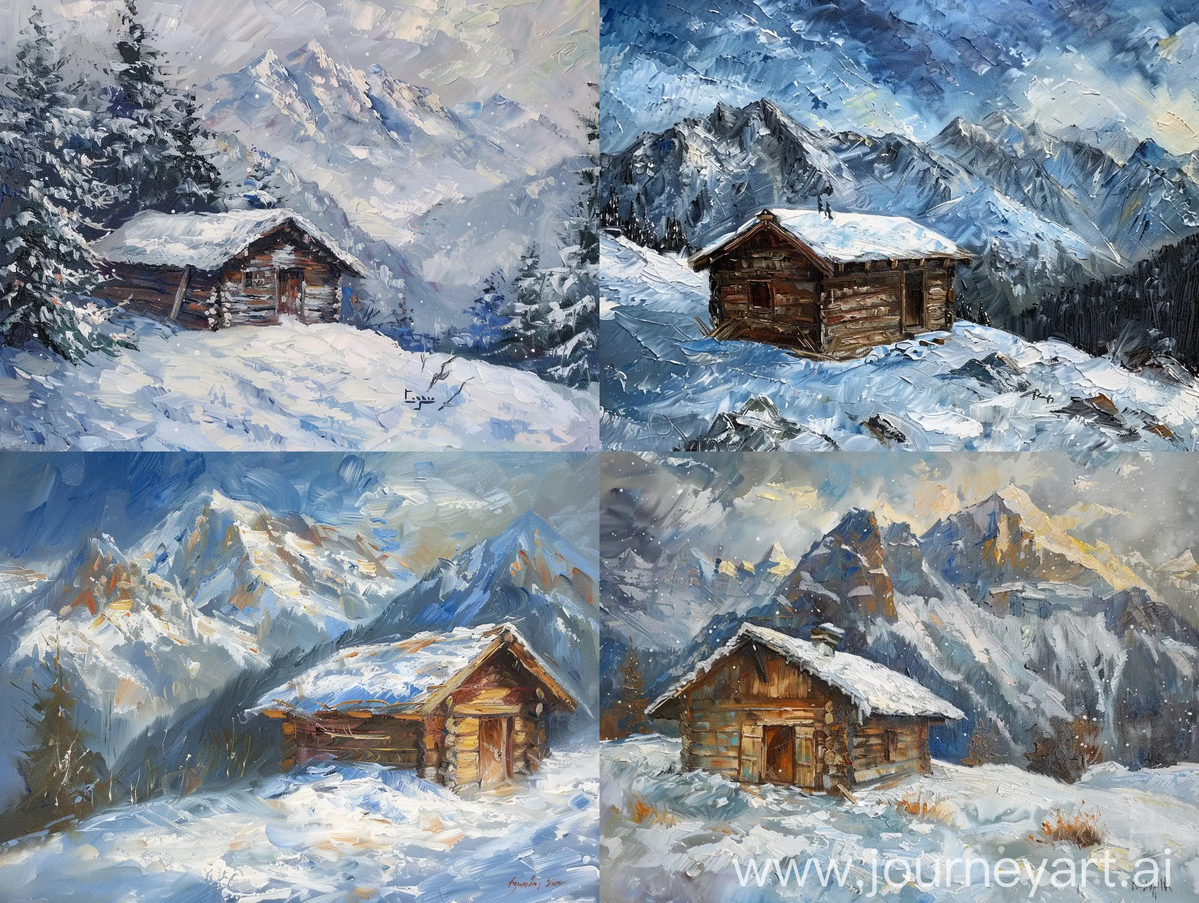 genre oil painting of a wooden hut in mountains covered in snow in van gogh style