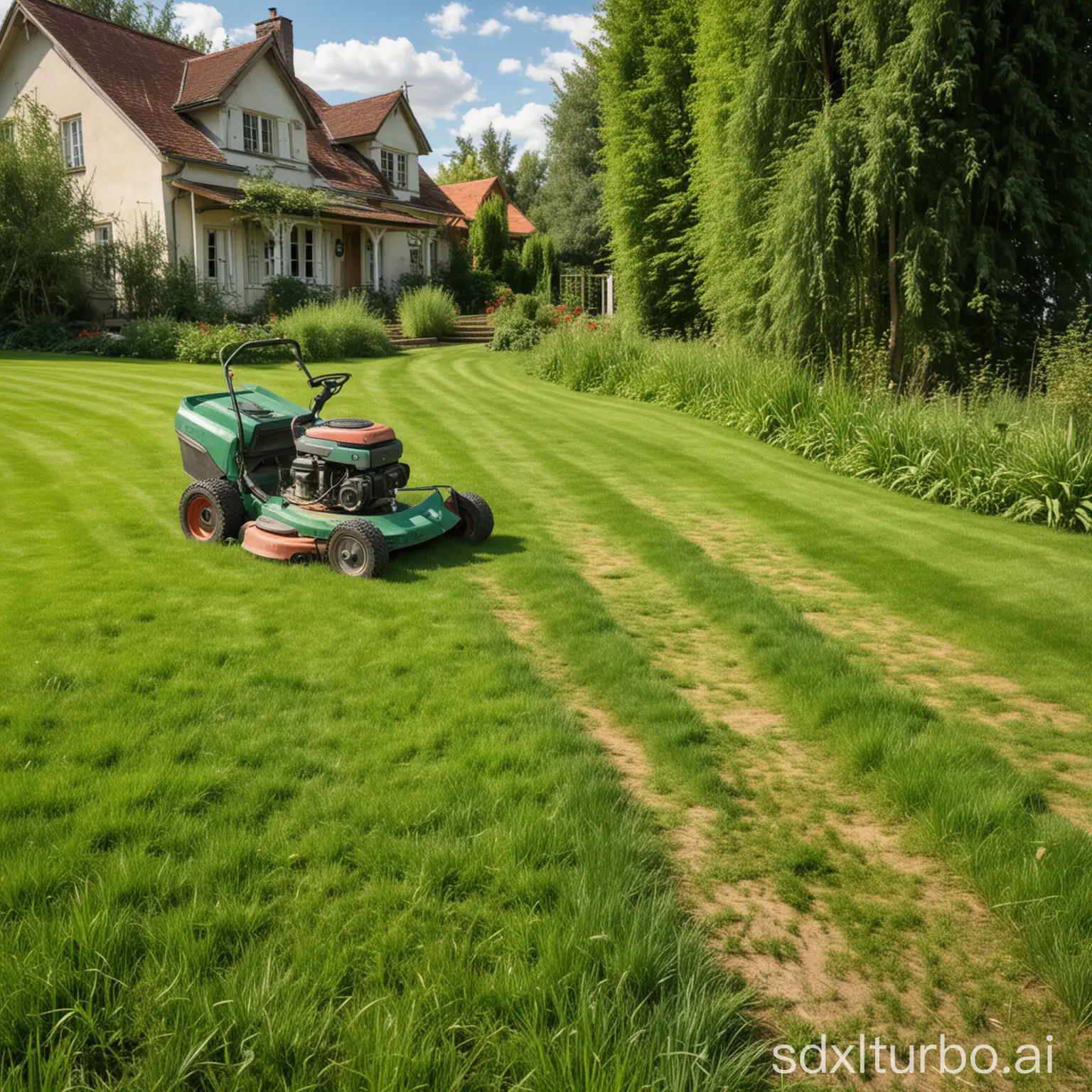 lawn mower on the plot, green grass, after the lawn mower there is a trail of mown grass, realism, a country house in the background