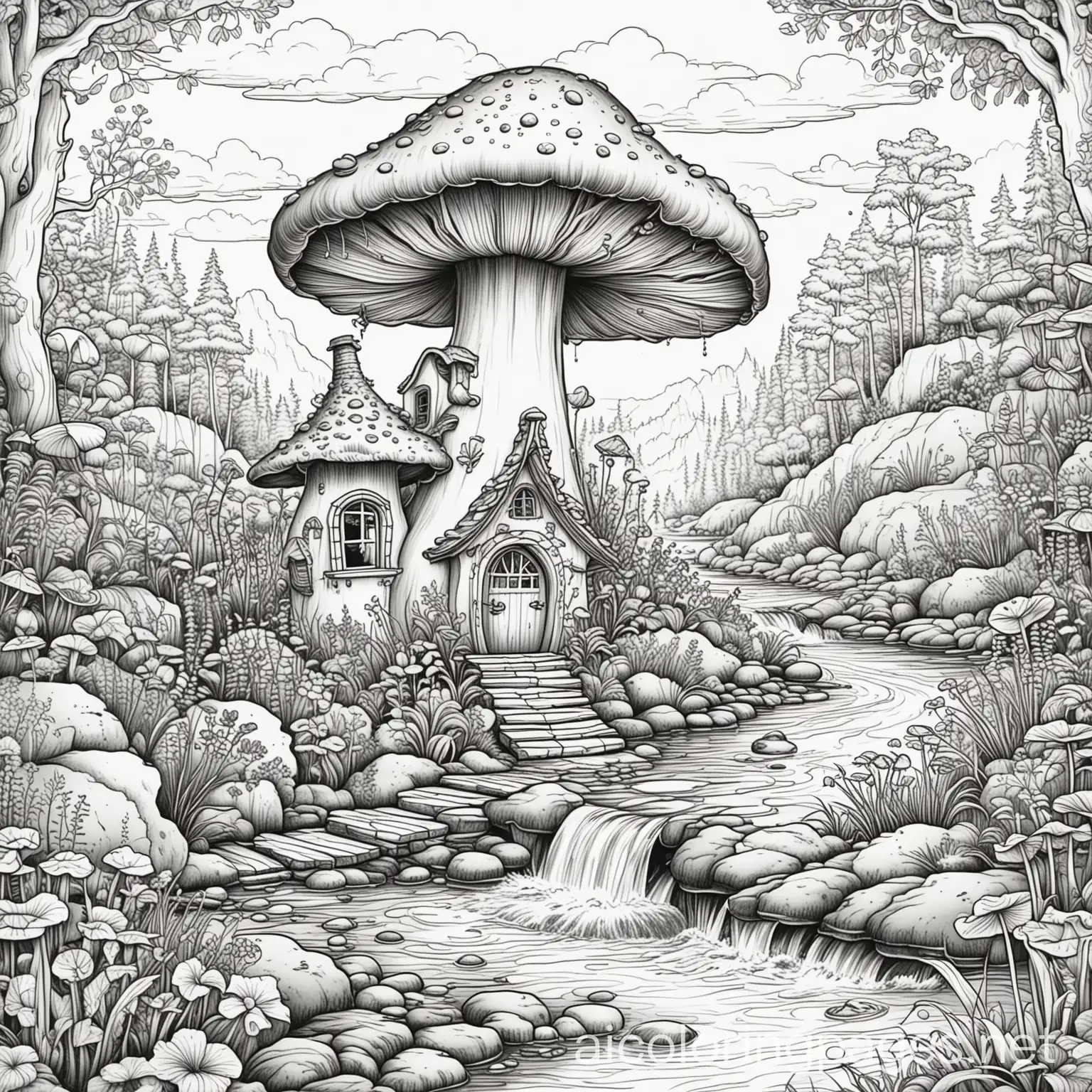 A SIMPLE COLORING BOOK PAGE OF A MUSHROOM HOUSE IN A FANTASY LANDSCAPE WITH A BROOK FLOWING BY IT, SOLID OUTLINES RENDERED IN BLACK AND WHITE., Coloring Page, black and white, line art, white background, Simplicity, Ample White Space. The background of the coloring page is plain white to make it easy for young children to color within the lines. The outlines of all the subjects are easy to distinguish, making it simple for kids to color without too much difficulty