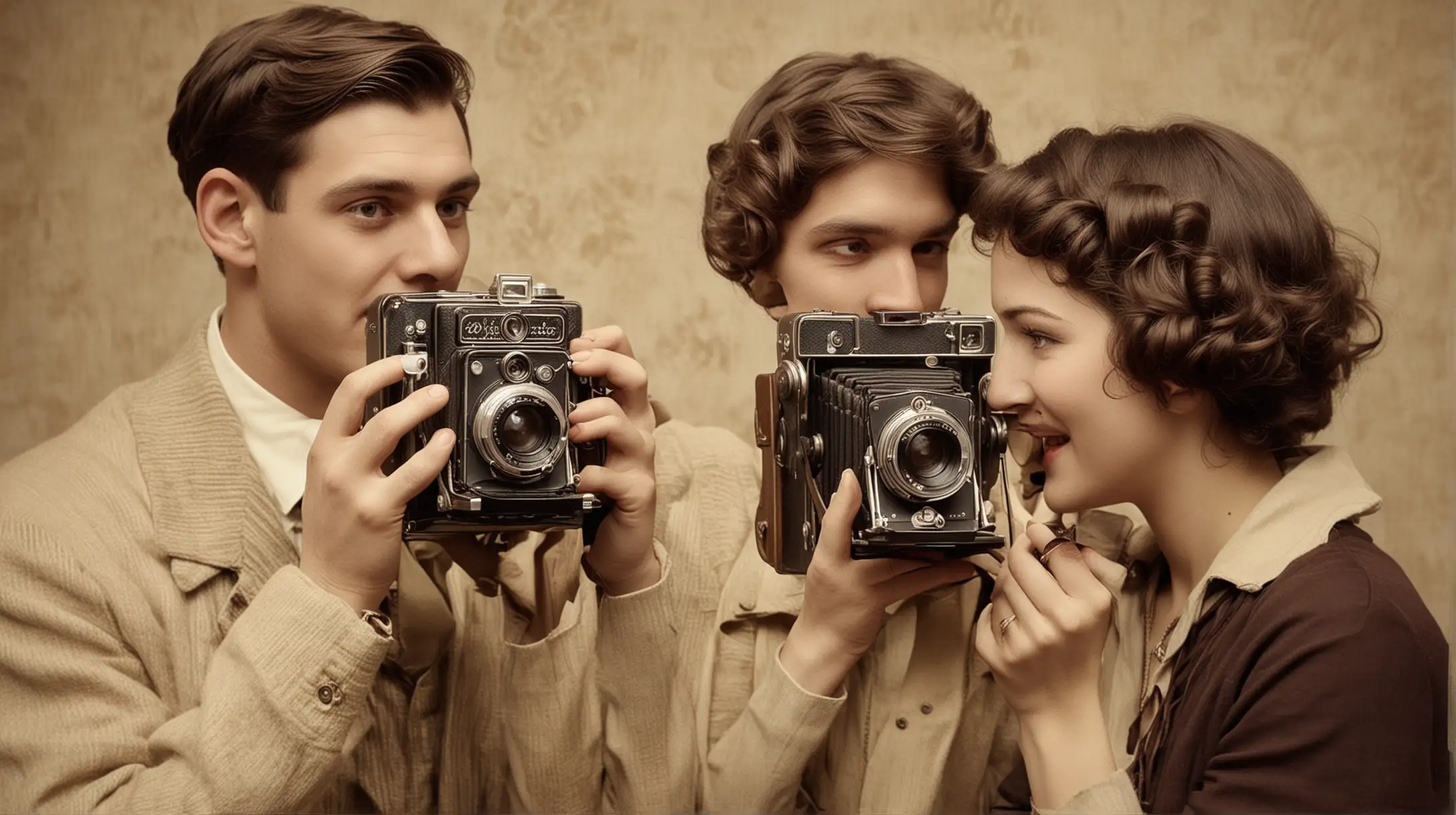 Three Young Adults Capturing Moments with Vintage Camera in 20th Century Setting