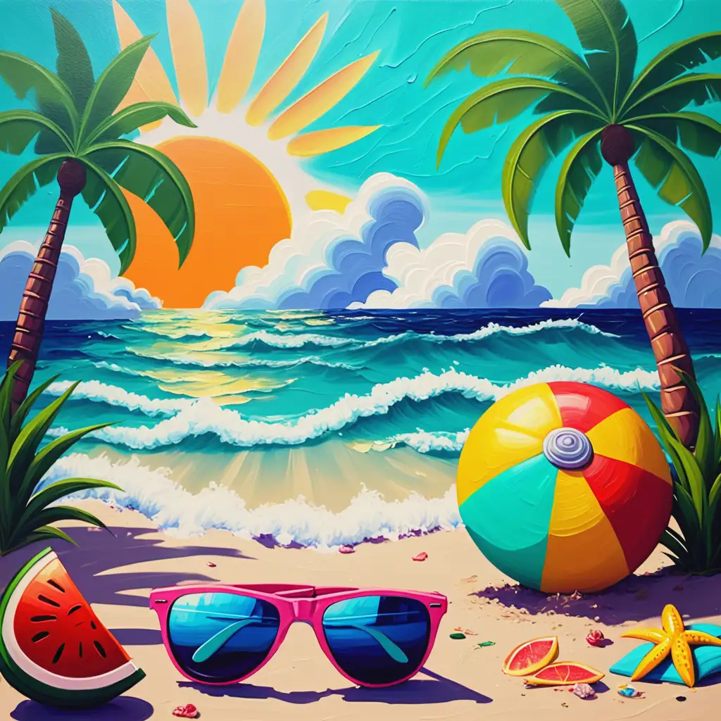 Vibrant Summer Beach Scene Painting with Palm Trees and Surfing