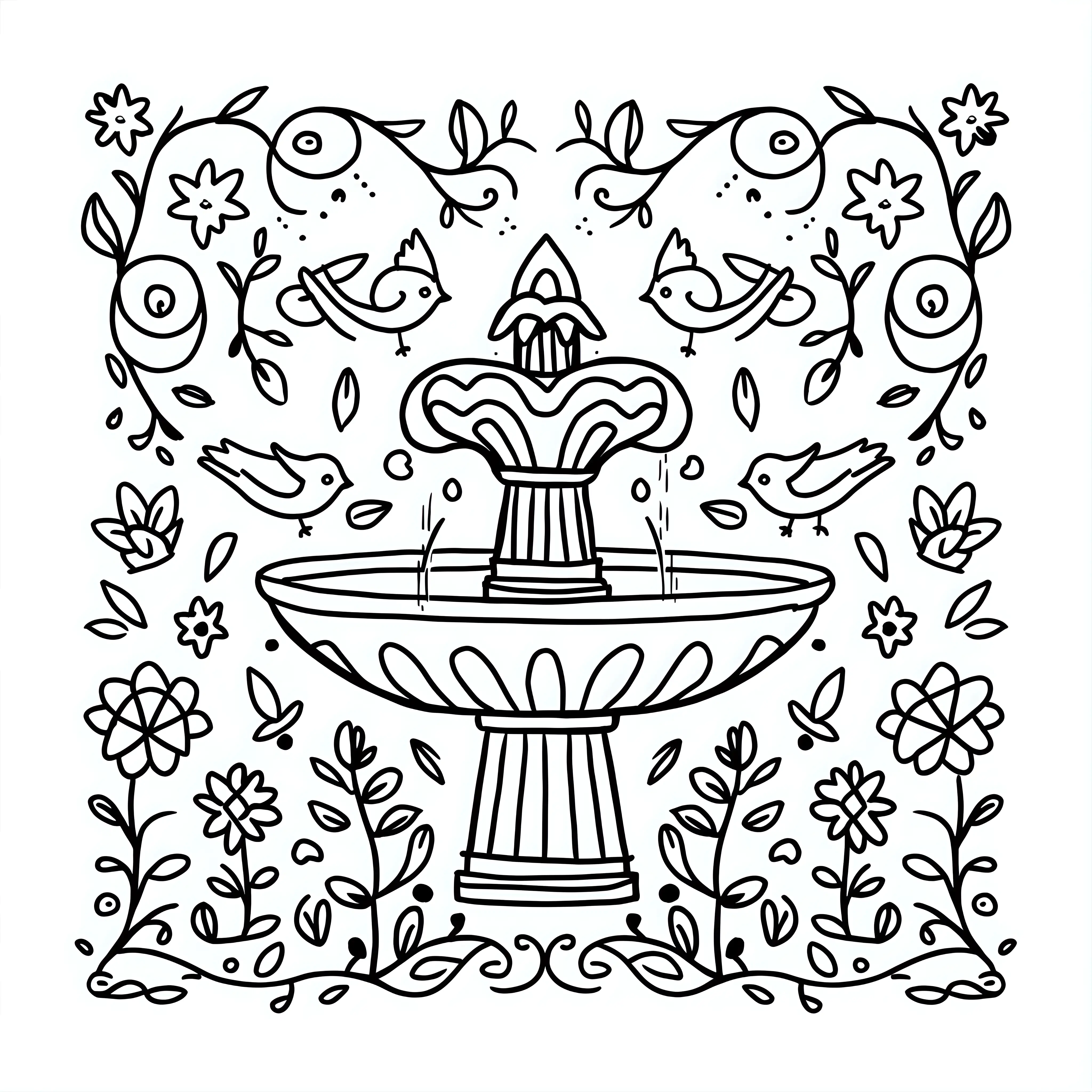 simple cute fountain pattern coloring page. all in black and white. white background. should cover the whole page.