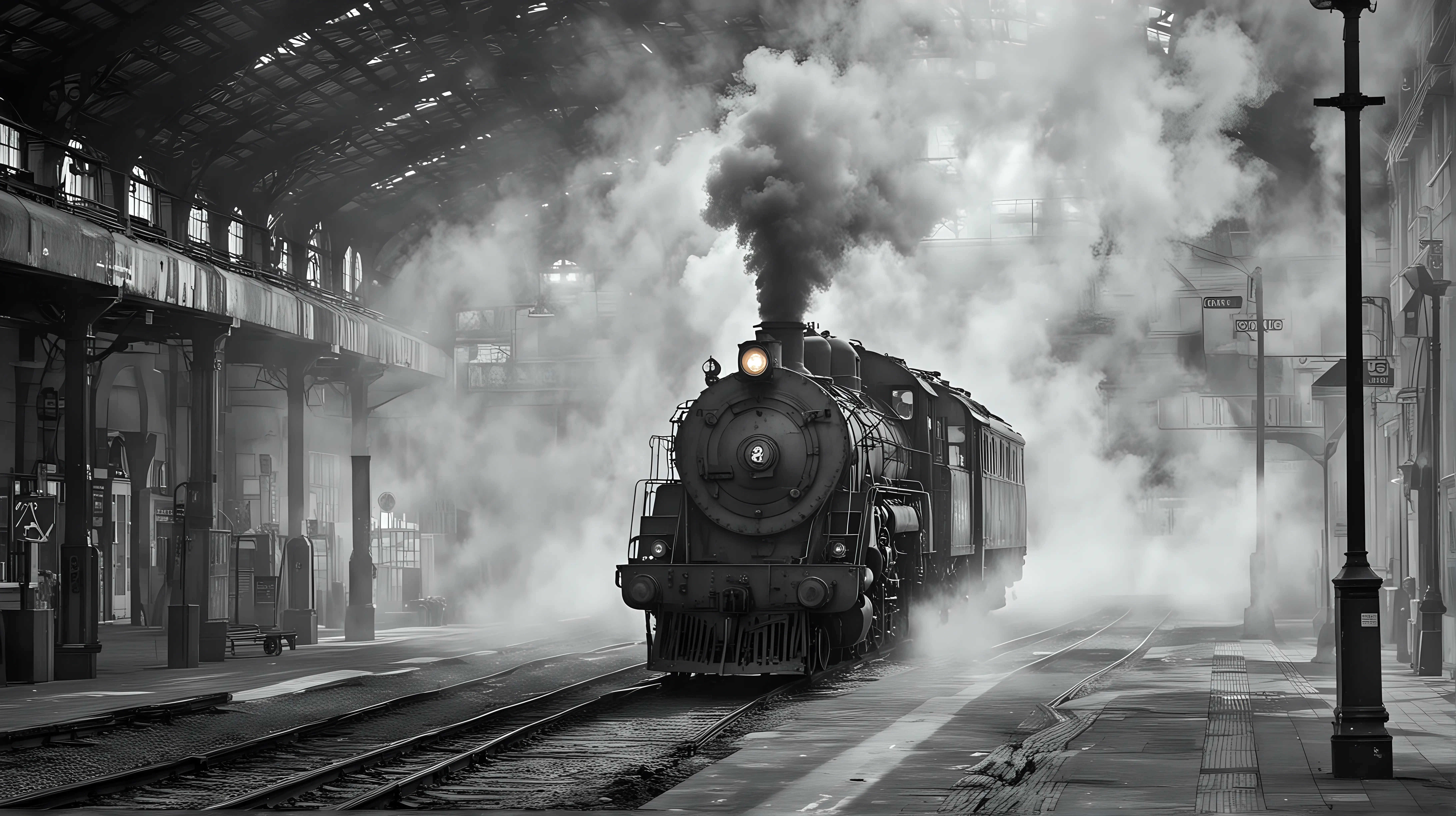 Grunge Black and White Scene Steam Locomotives at a Large Train Station