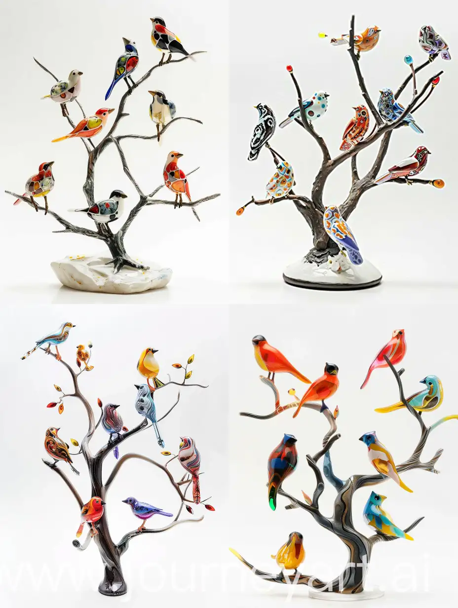 figurine of abstract murrine birds perched on branches of crooked tree, white background