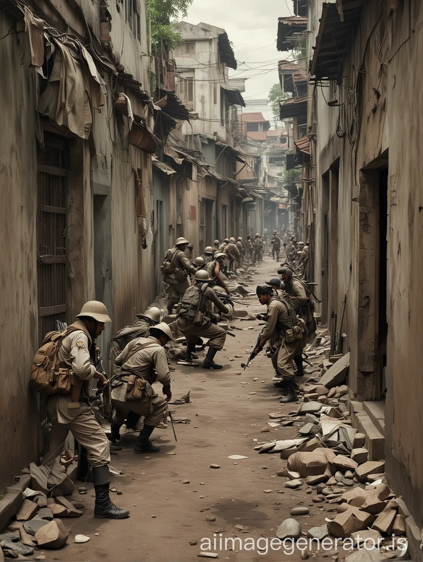 Guerrilla Strategy in the Battle of Surabaya Illustrates fighters using guerrilla strategy, attacking suddenly from hiding places in narrow alleys of the city.