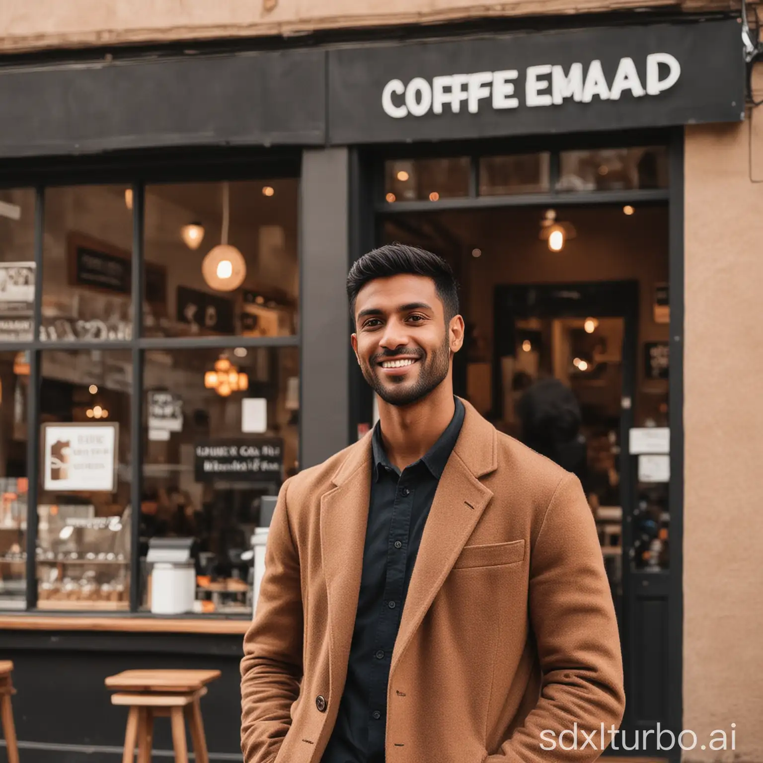 brown man next to a coffee shop