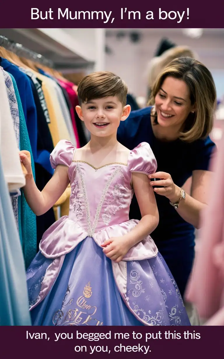 (((Gender role reversal))), A Cute 8-year-old white British boy with short smart brown shoulder-length hair, the boy is playfully standing in a clothes shop with his mother, the boy is letting his mother put a Cinderella Princess dress on him, professional photography, the photograph is captioned above “But mummy, I’m a boy!”, the photograph is captioned below “Ivan, you begged me to put this on you, cheeky.”