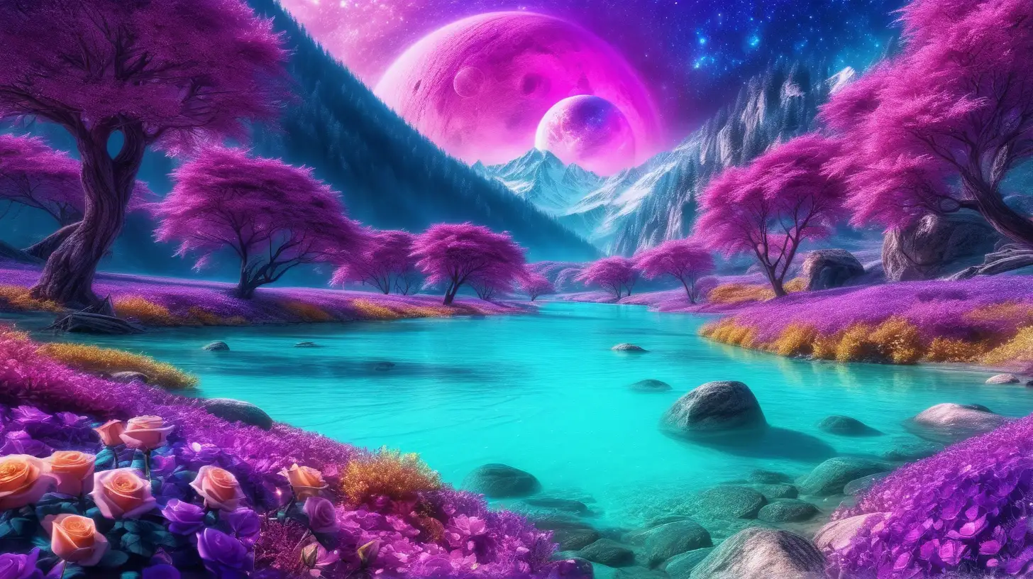 glowing flowers and roses by a magical bright-turquoise river in the middle of the mountains. Pink. Purple. Blue. 8K. Dusty gold. Canary-yellow and purple. A rotating huge planet between trees.