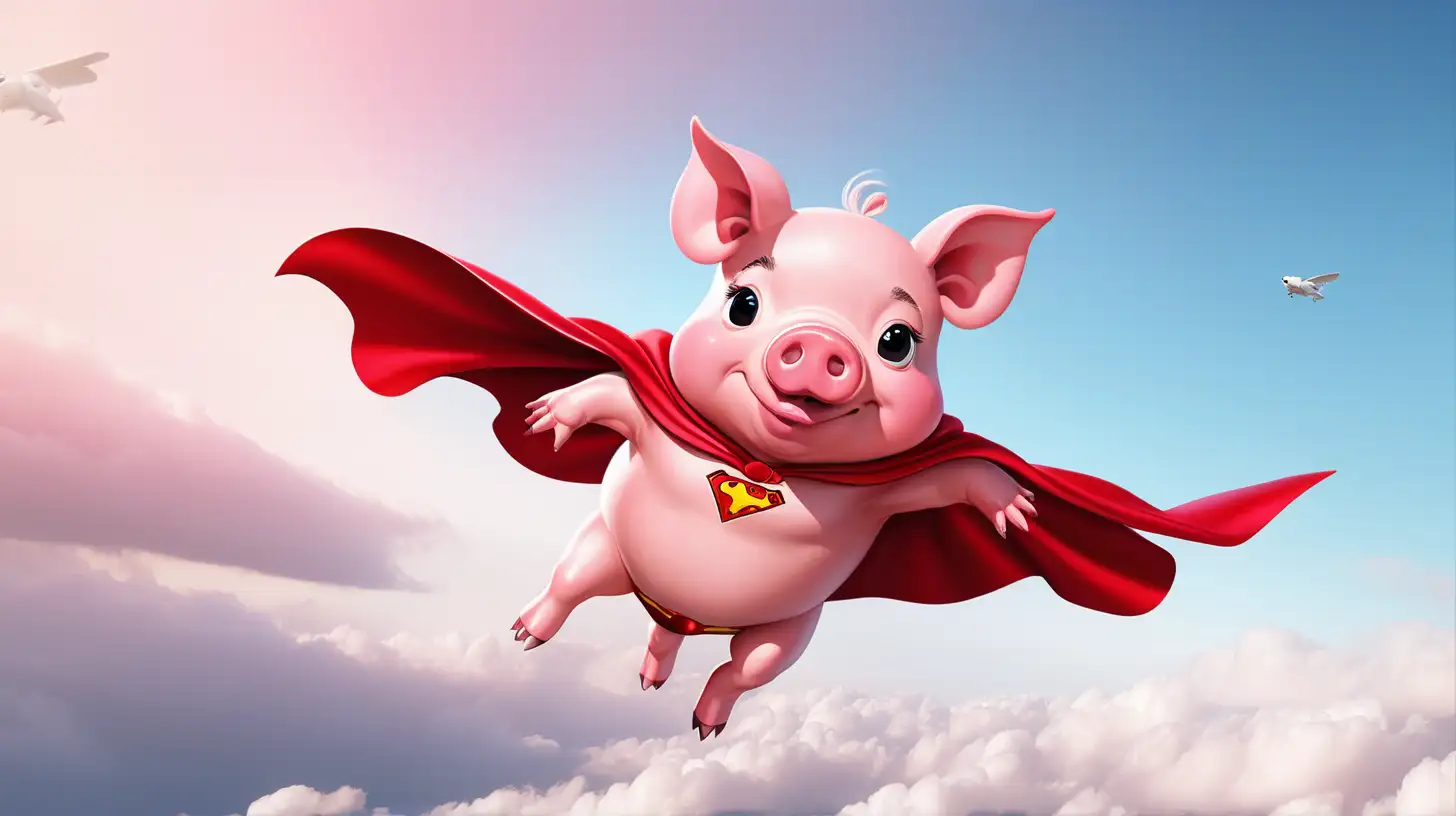 Flying Pink Superhero Pig with Red Cape