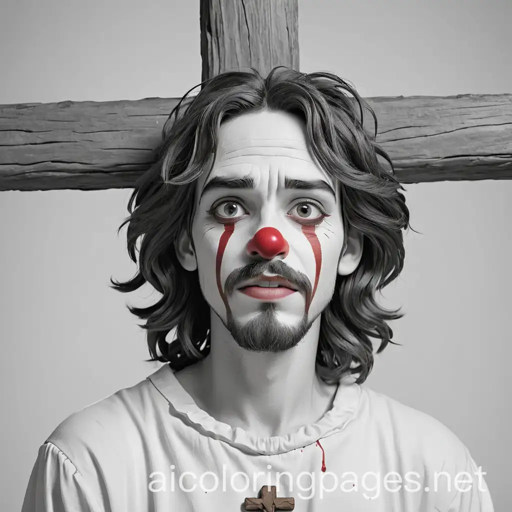 Jesus hanging on cross in clown makeup and beaten , Coloring Page, black and white, line art, white background, Simplicity, Ample White Space. The background of the coloring page is plain white to make it easy for young children to color within the lines. The outlines of all the subjects are easy to distinguish, making it simple for kids to color without too much difficulty