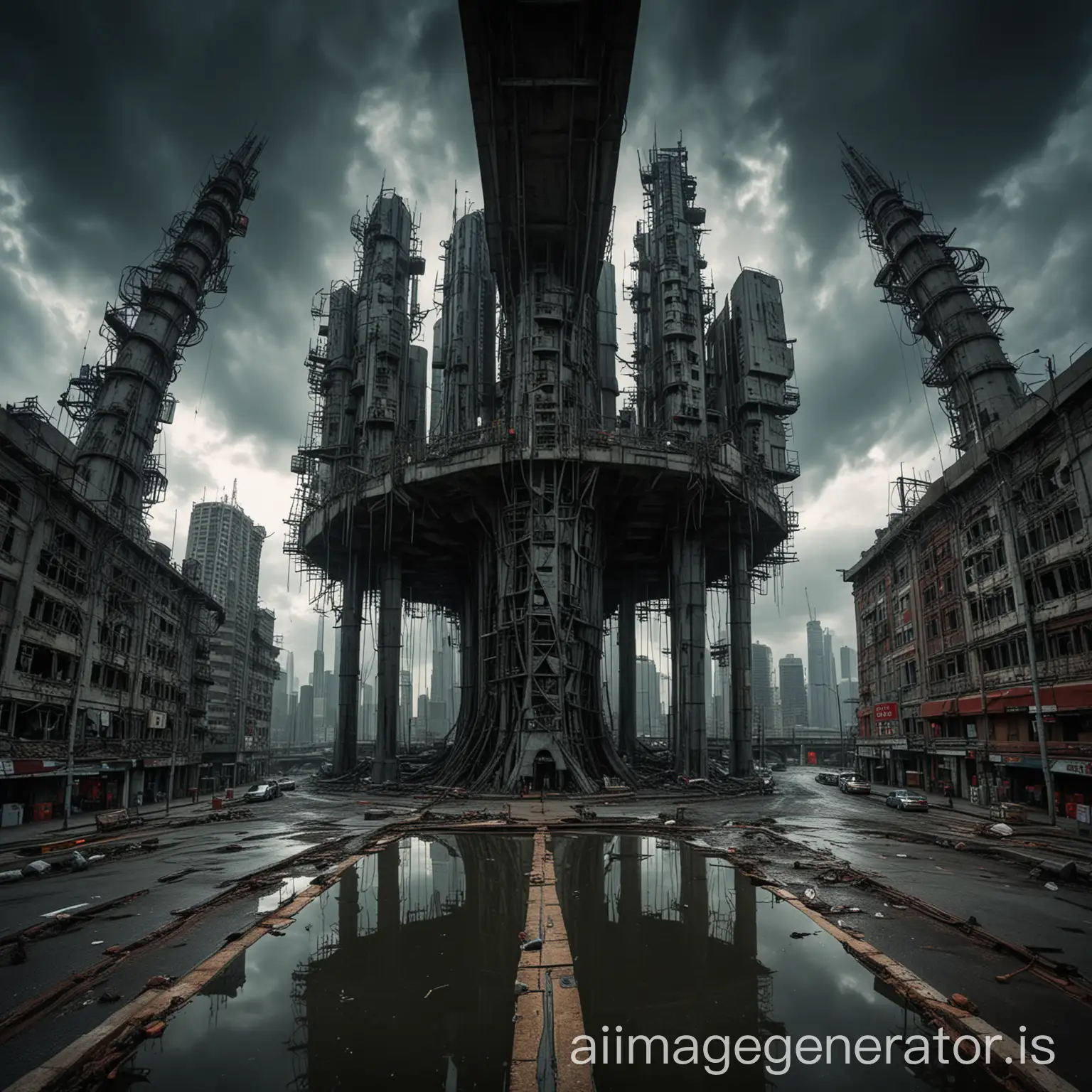A mesmerizing and unnerving futuristic cityscape captured through a fish-eye lens that exudes a necrosurreal ambiance. A towering man-faced trapezoidal structure casts a shadow over the city, adorned with aquasuiton bolts and tubes. The city's architecture is a fusion of concrete constructions, entwined with vividly colored petrochemical distillation columns. The atmosphere is taut with tension, as black clouds shroud the sky like a dark veil. The photograph utilizes advanced techniques such as the PL filter, Ray Tracing Global Illumination, Optics, Scattering, and Glow effects to achieve an extraordinary level of detail and realism, pushing the boundaries of reality and teetering on the brink of insanity.