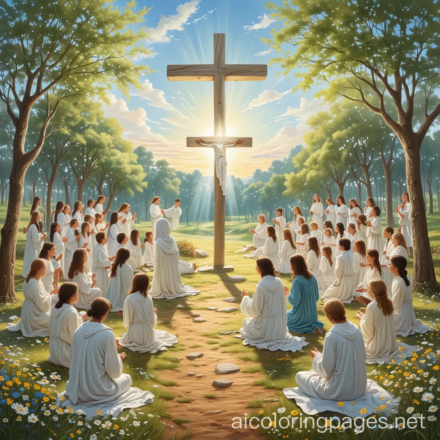 Create an illustration symbolizing the resurrection and the promise of eternal life. In the center of the image, there is an empty cross with a white cloth draped over its arms, symbolizing Jesus' resurrection. Surrounding the cross are children and adults engaged in different activities of prayer and drawing. Some are kneeling in prayer with expressions of joy and hope, while others are sitting on the ground or at small tables, drawing and writing with expressions of concentration and happiness. The background features a serene natural landscape with trees and blooming flowers, symbolizing new life and hope. A clear blue sky with rays of sunlight illuminates the cross and the people. The focal point is the empty cross in the center, with the children and adults around it. Use bright and warm tones to highlight the joy and hope, and soft, natural colors for the clothing and landscape. The style should be realistic and detailed, emphasizing reflection, hope, and community, Coloring Page, black and white, line art, white background, Simplicity, Ample White Space. The background of the coloring page is plain white to make it easy for young children to color within the lines. The outlines of all the subjects are easy to distinguish, making it simple for kids to color without too much difficulty