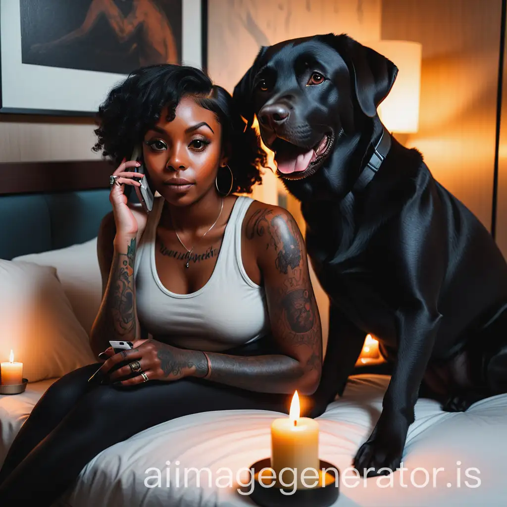Dark skinned Tattooed black woman in hotel room with black Labrador talking on a cellphone while candles burning